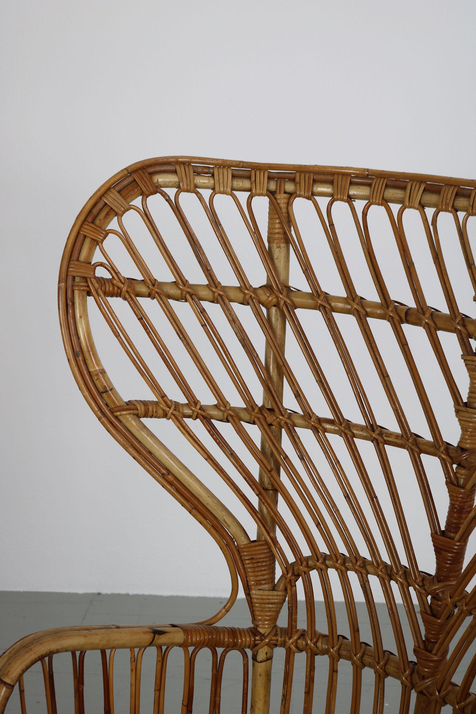 Bamboo Large Italian Wicker Armchair with High Backrest, 1950s