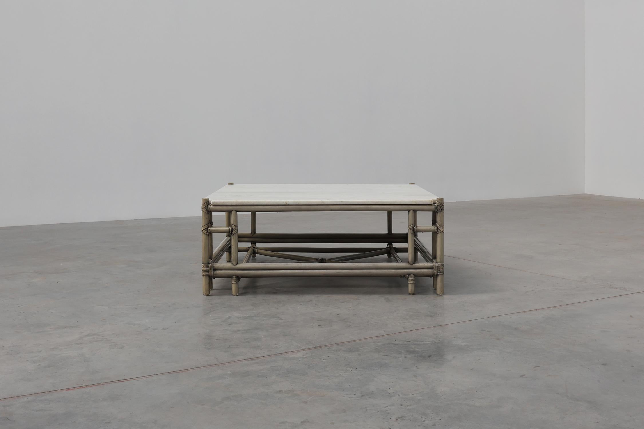 Large Wicker “Attila” Series Coffee Table with marble top by Gasparucci Italy For Sale 6