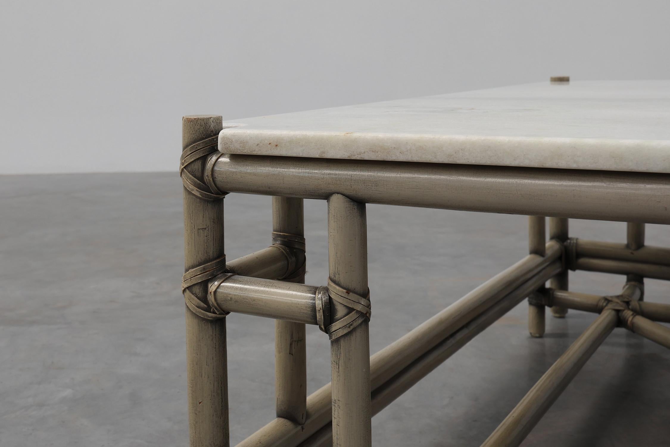 Italian Large Wicker “Attila” Series Coffee Table with marble top by Gasparucci Italy For Sale