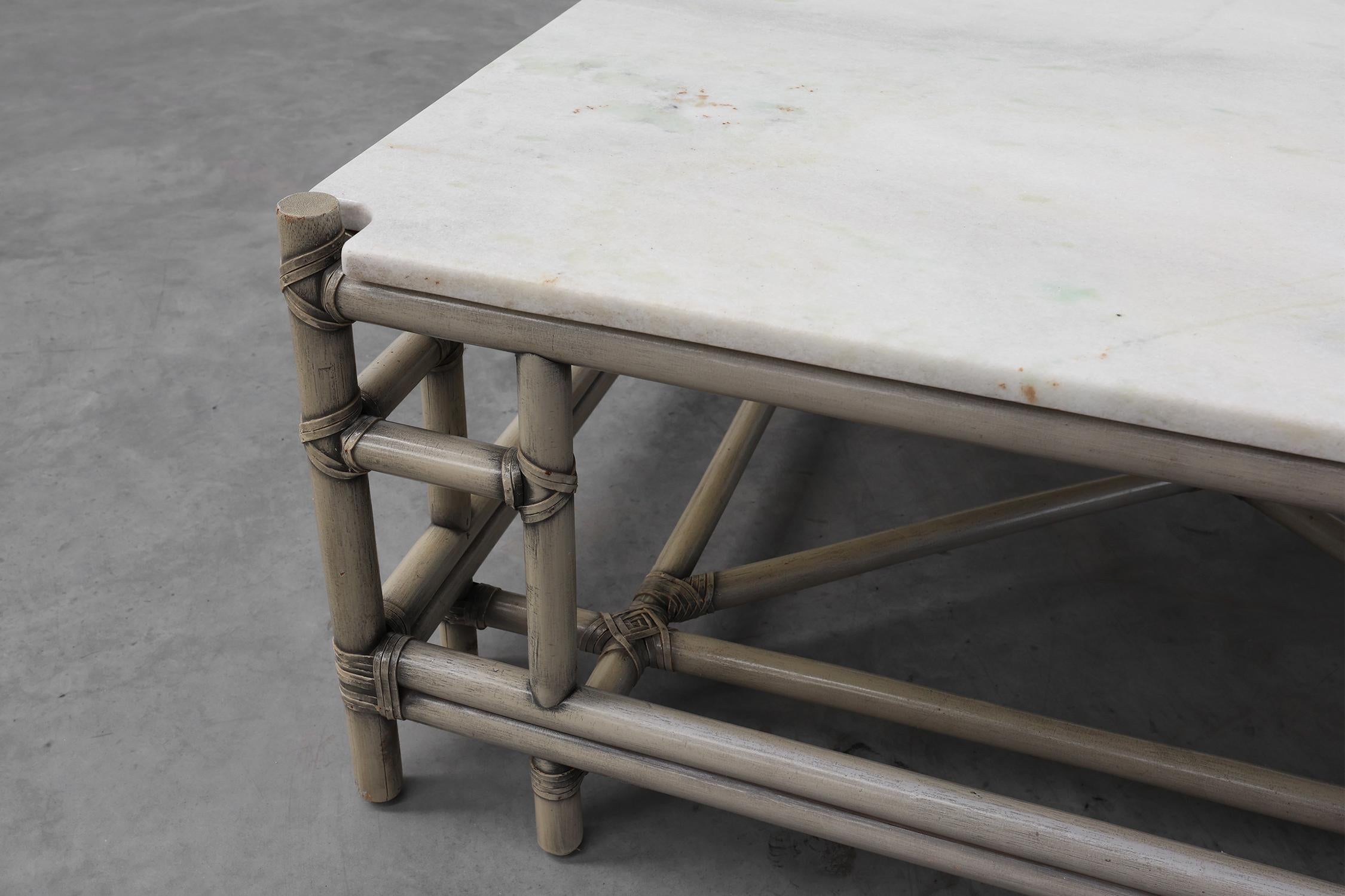 Large Wicker “Attila” Series Coffee Table with marble top by Gasparucci Italy In Good Condition For Sale In Meulebeke, BE