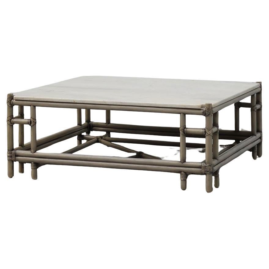 Large Wicker “Attila” Series Coffee Table with marble top by Gasparucci Italy For Sale