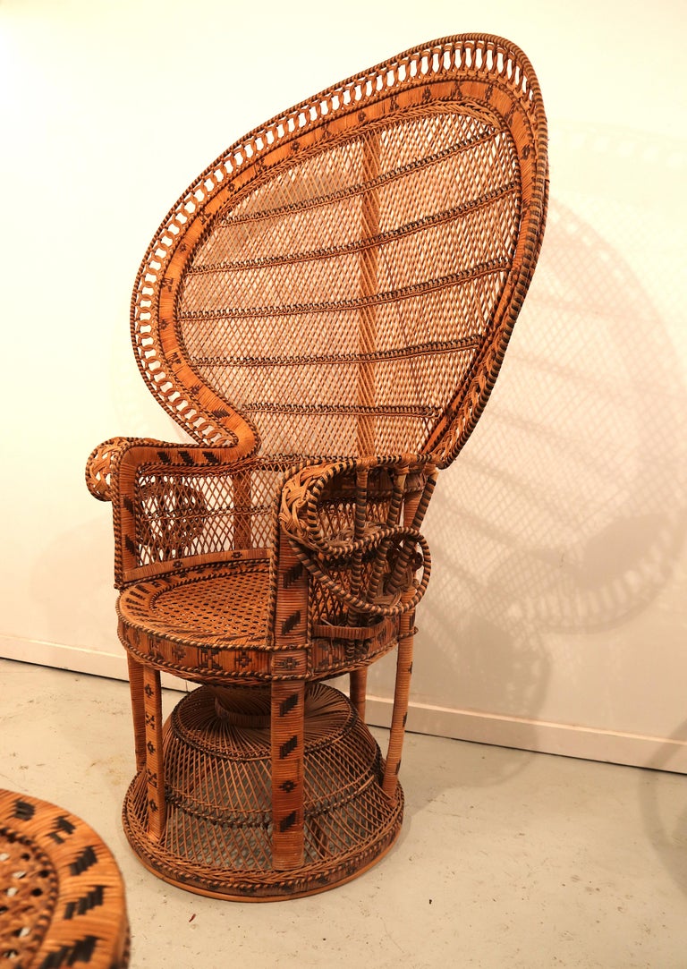 Large Wicker Cane Peacock "Emmanuelle" Chair with It's Matching Stool at 1stDibs