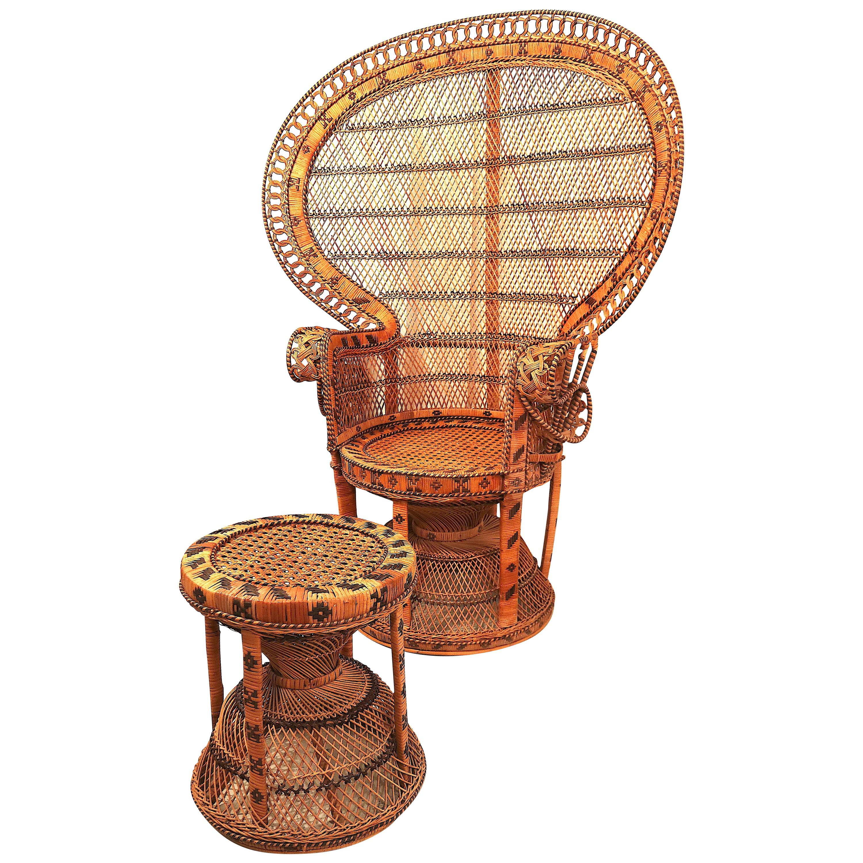 Large Wicker Cane Peacock "Emmanuelle" Chair with It's Matching Stool