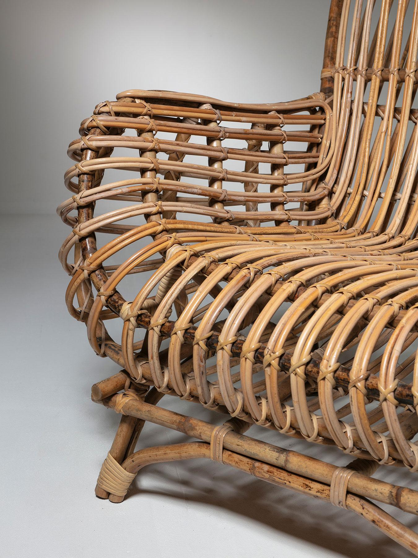 Osier Grande chaise longue en osier attribuée à Castano