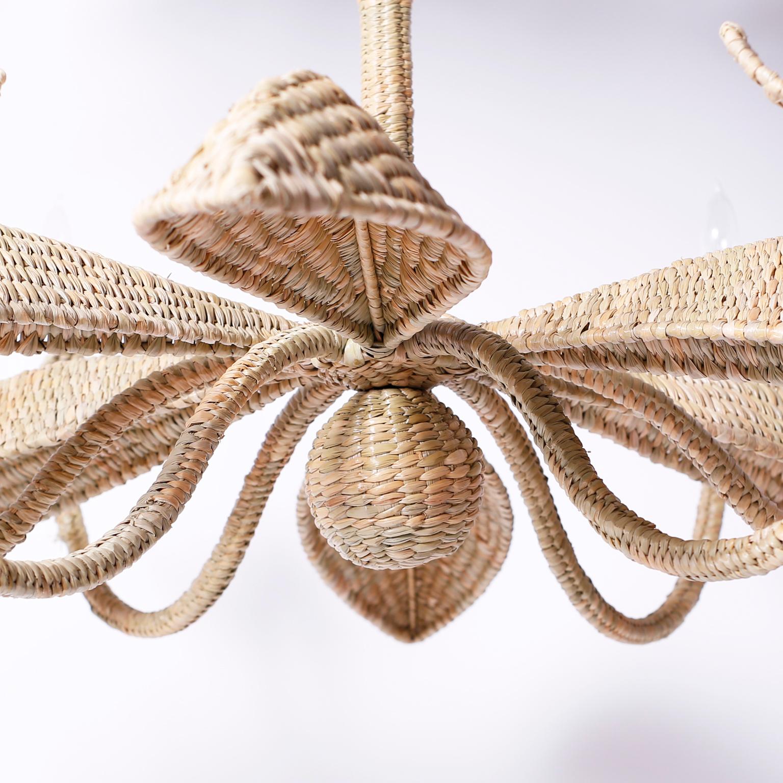 Hand-Crafted Large Wicker Palm Leaf Chandelier