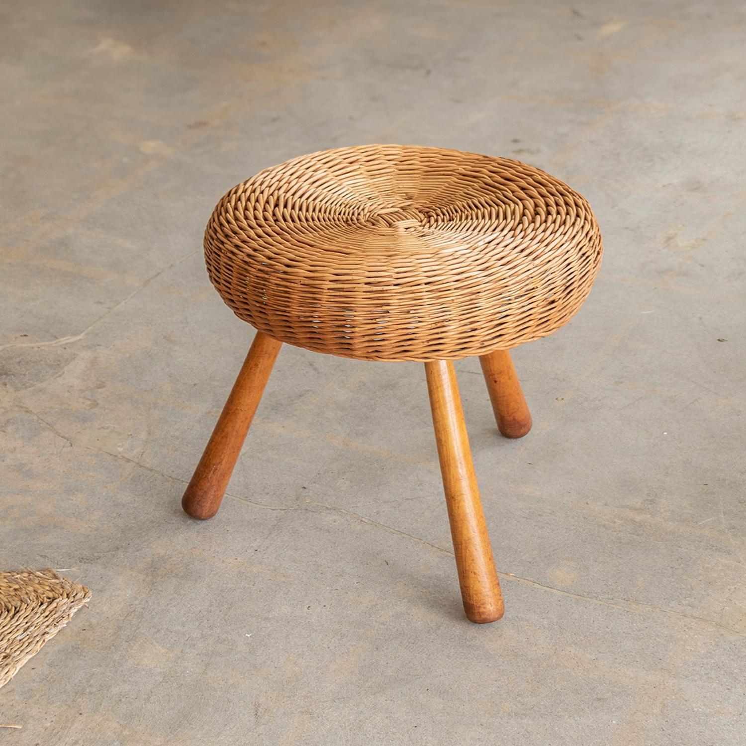 French Large Wicker Stool by Tony Paul