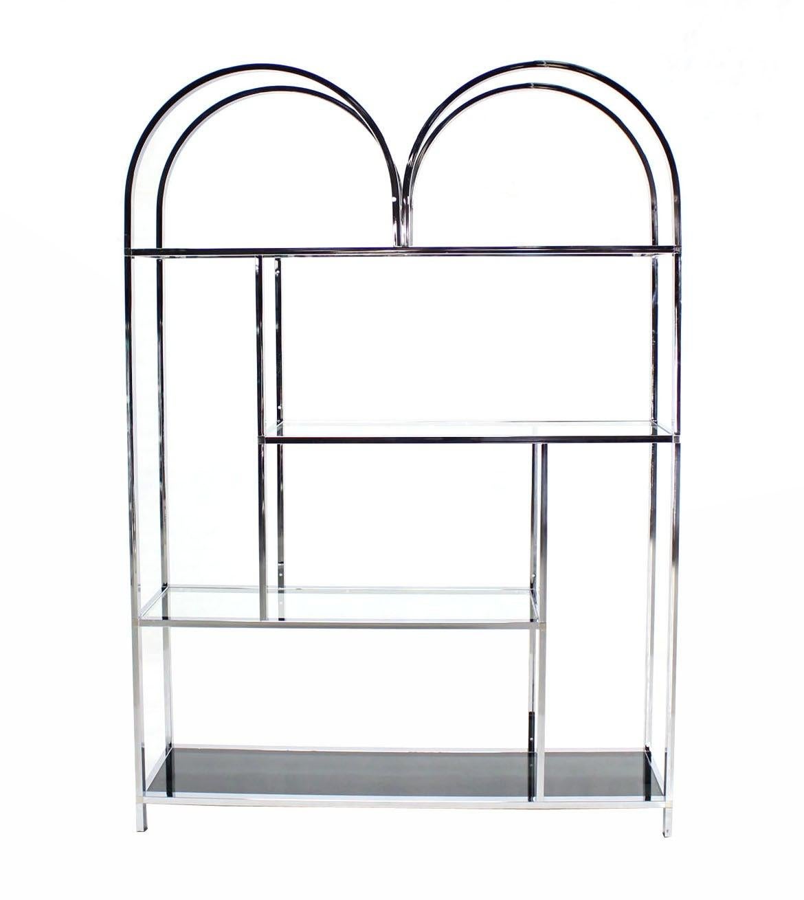 Large Wide Chrome Smoked Glass Double Dome Shade Etagere Shelving Wall Unit MINT In Excellent Condition For Sale In Rockaway, NJ