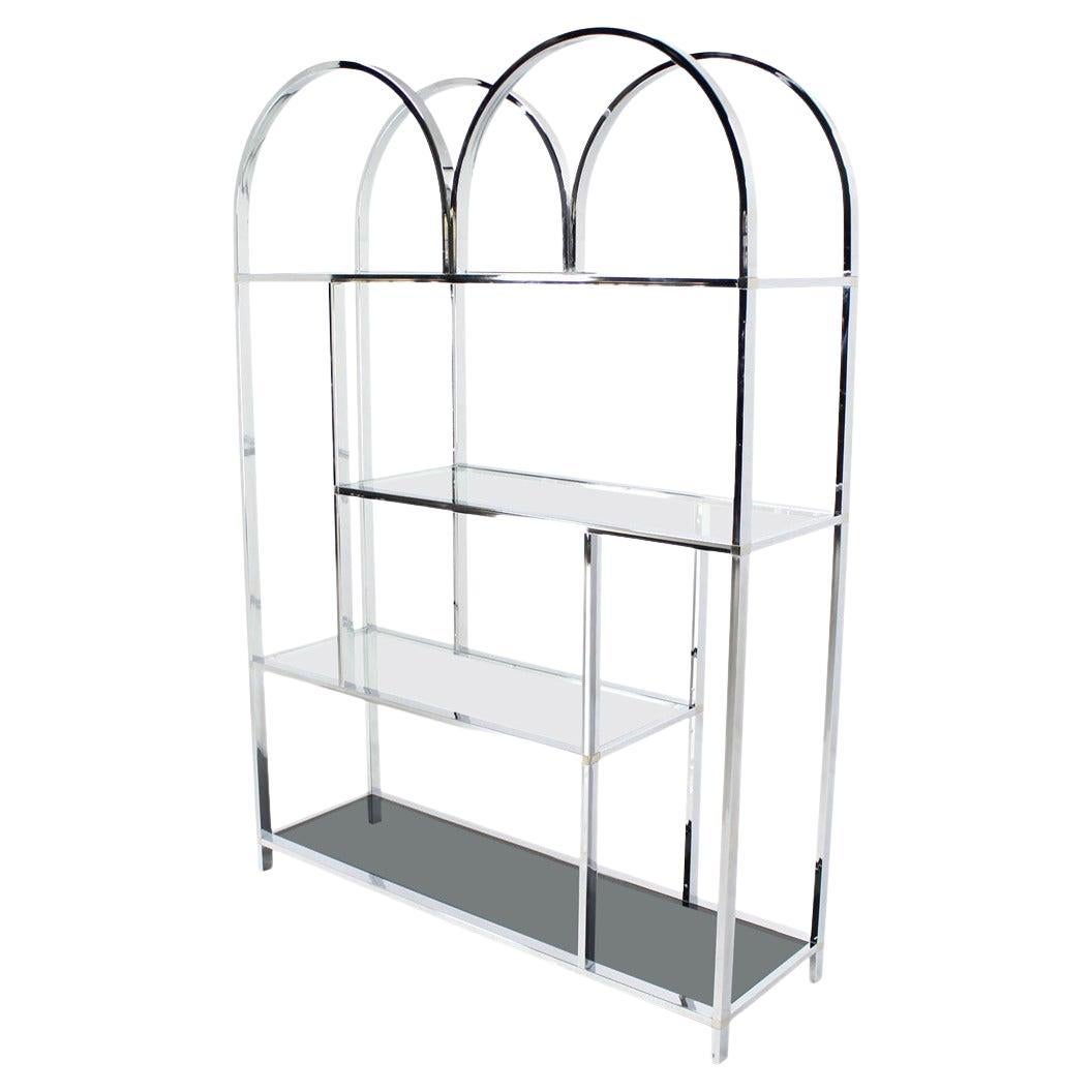 Large Wide Chrome Smoked Glass Double Dome Shade Etagere Shelving Wall Unit MINT For Sale