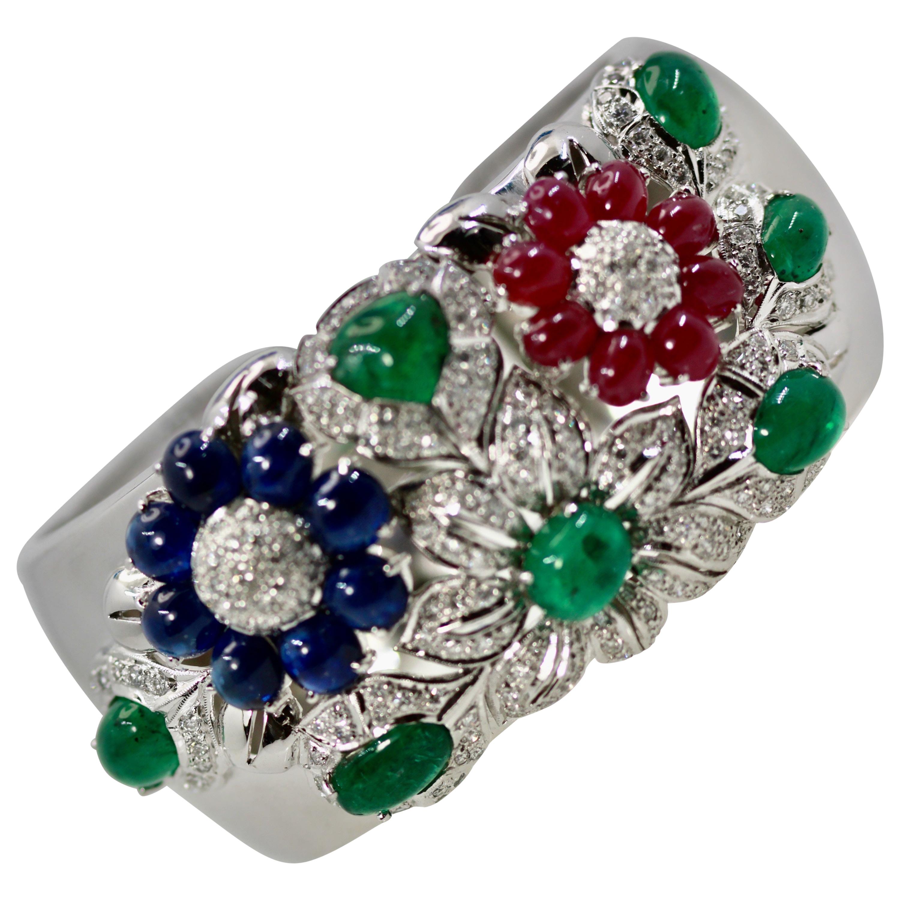 Large Wide Cuff Bracelet 17 Carat Rubies, Emeralds, Sapphires, Diamonds 18 Karat