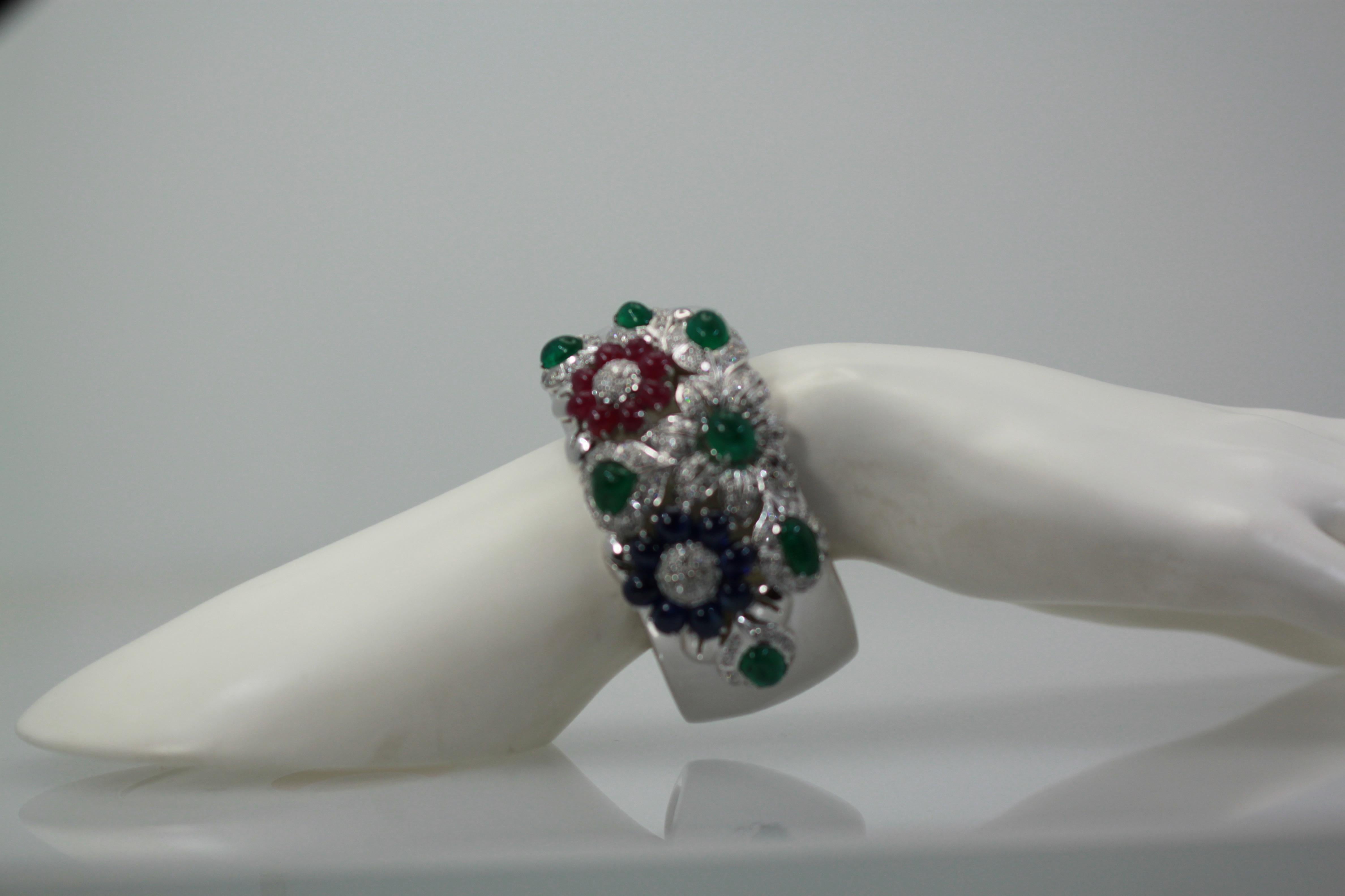 Large Wide Cuff Bracelet 17 Carat Rubies, Emeralds, Sapphires, Diamonds 18 Karat 4