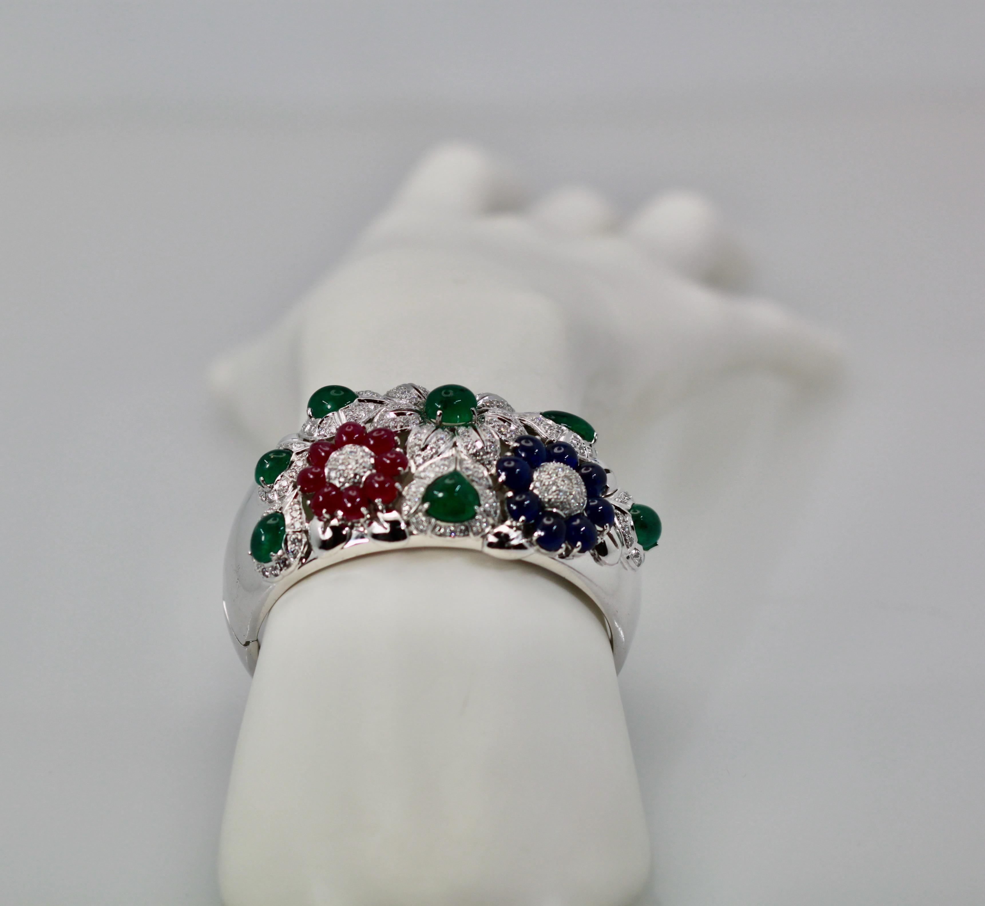 Large Wide Cuff Bracelet 17 Carat Rubies, Emeralds, Sapphires, Diamonds 18 Karat 5