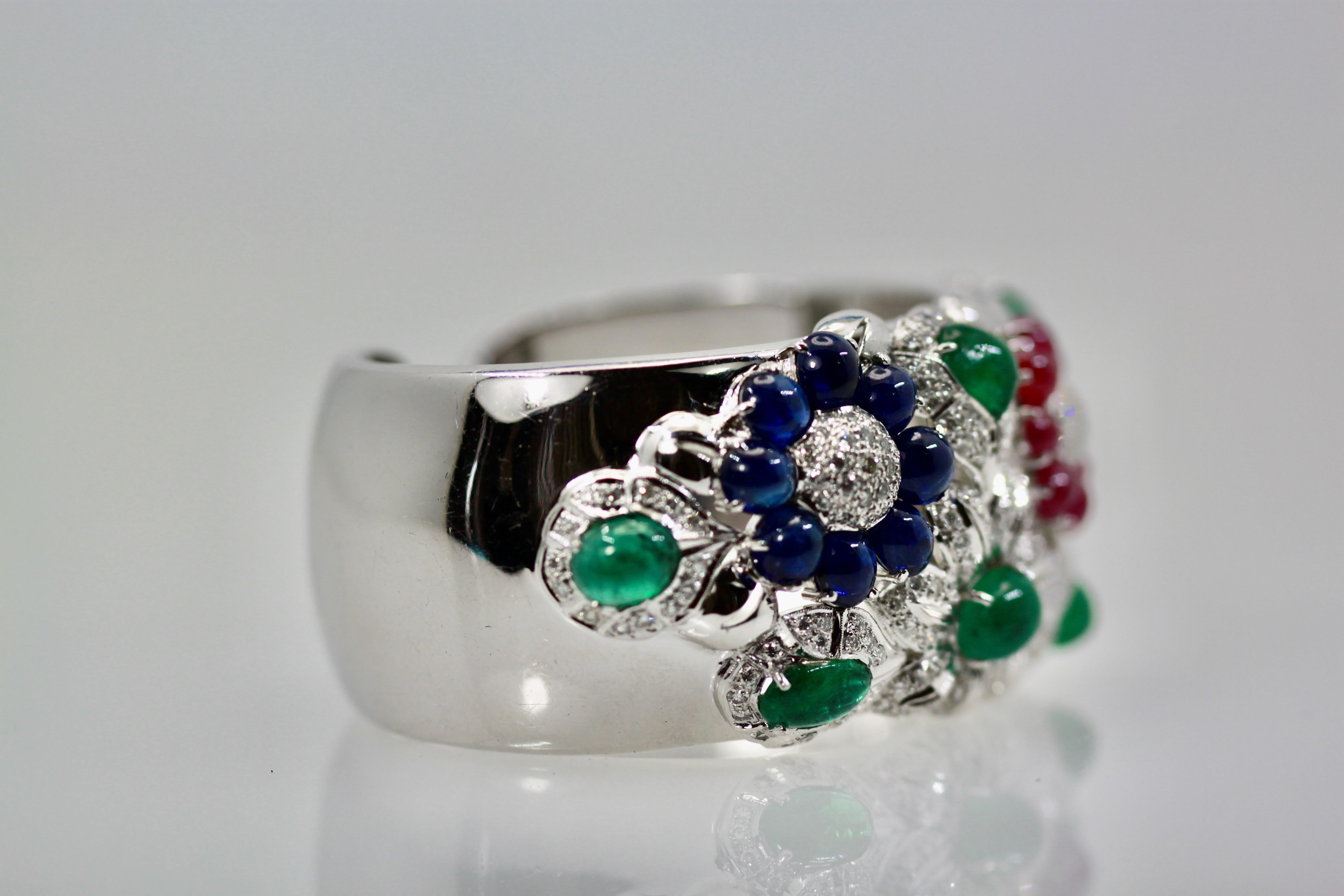 Modern Large Wide Cuff Bracelet 17 Carat Rubies, Emeralds, Sapphires, Diamonds 18 Karat