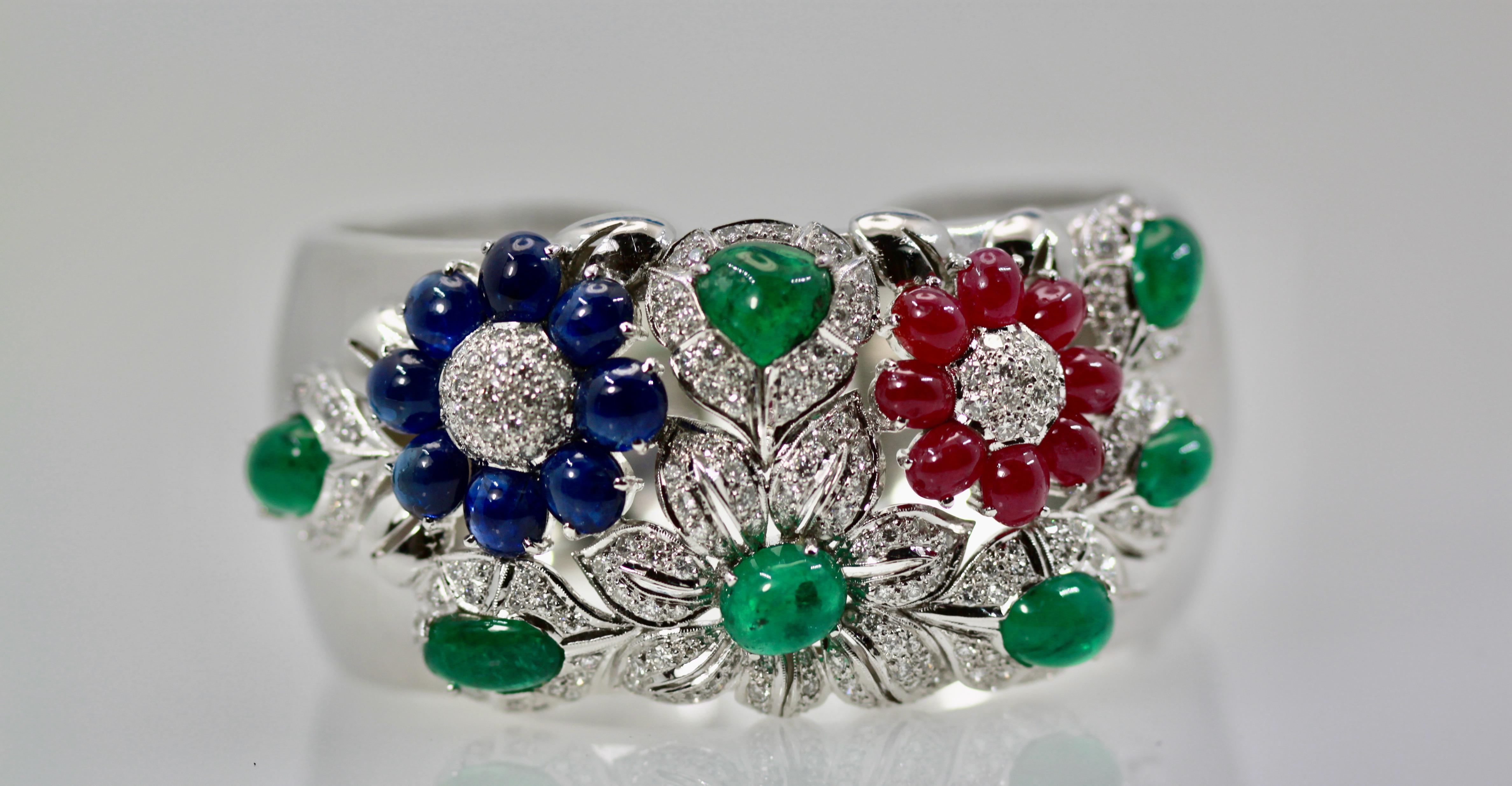 Cabochon Large Wide Cuff Bracelet 17 Carat Rubies, Emeralds, Sapphires, Diamonds 18 Karat