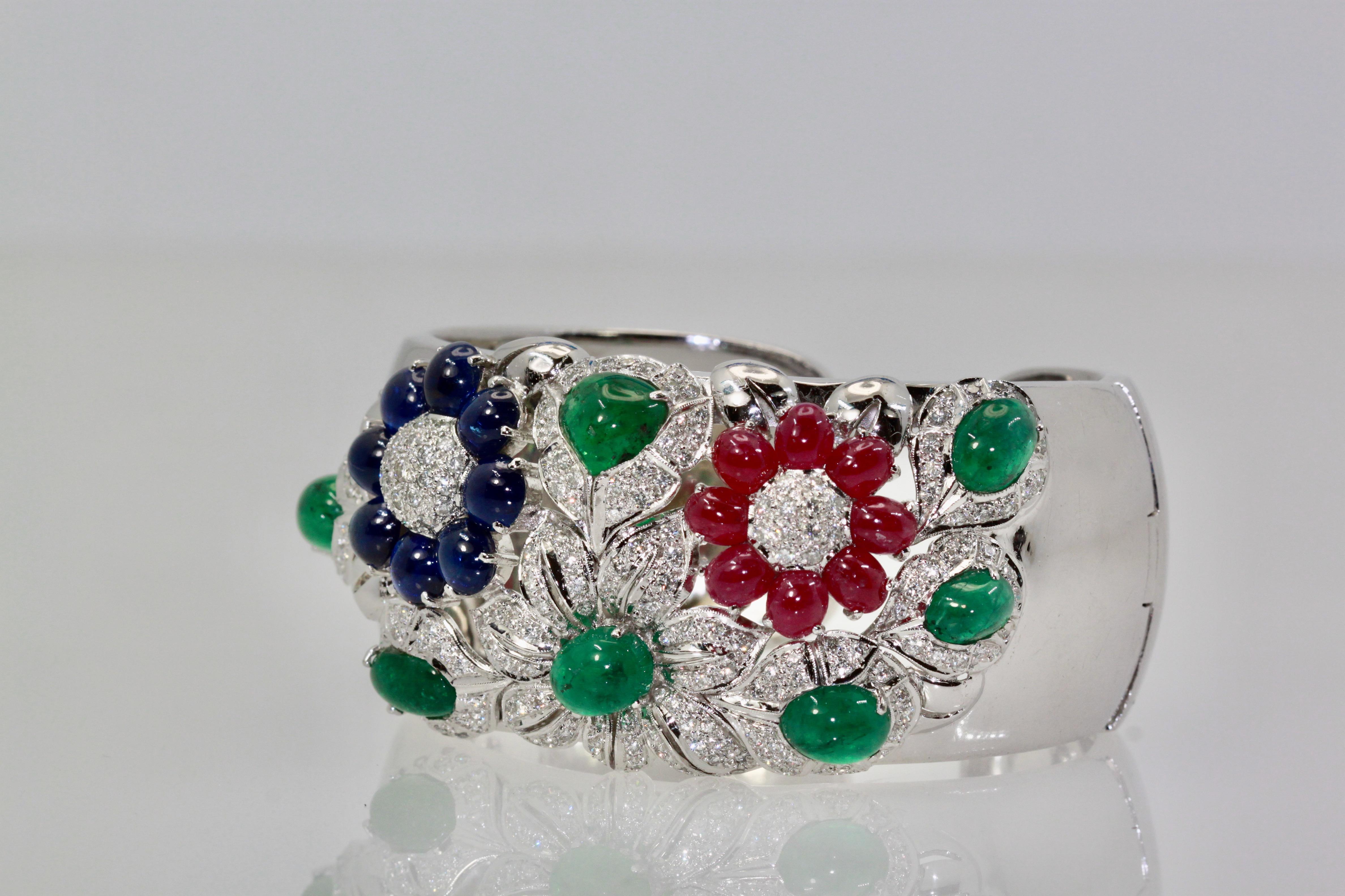 Large Wide Cuff Bracelet 17 Carat Rubies, Emeralds, Sapphires, Diamonds 18 Karat In Excellent Condition In North Hollywood, CA