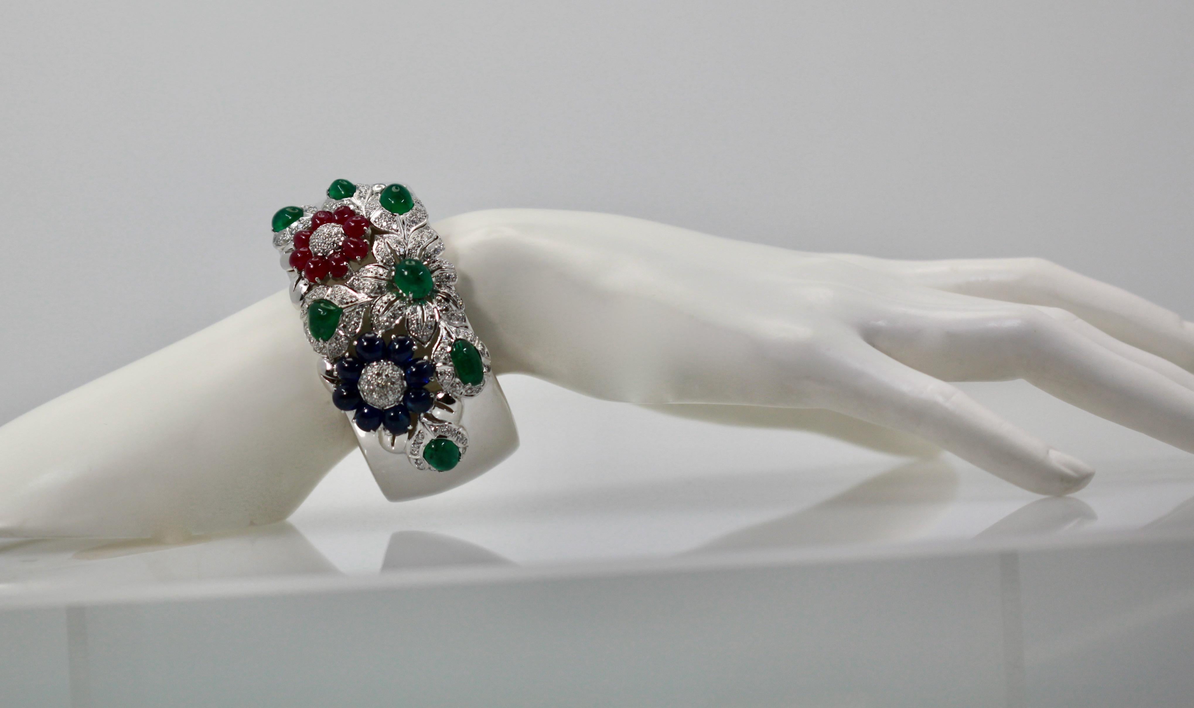Women's Large Wide Cuff Bracelet 17 Carat Rubies, Emeralds, Sapphires, Diamonds 18 Karat
