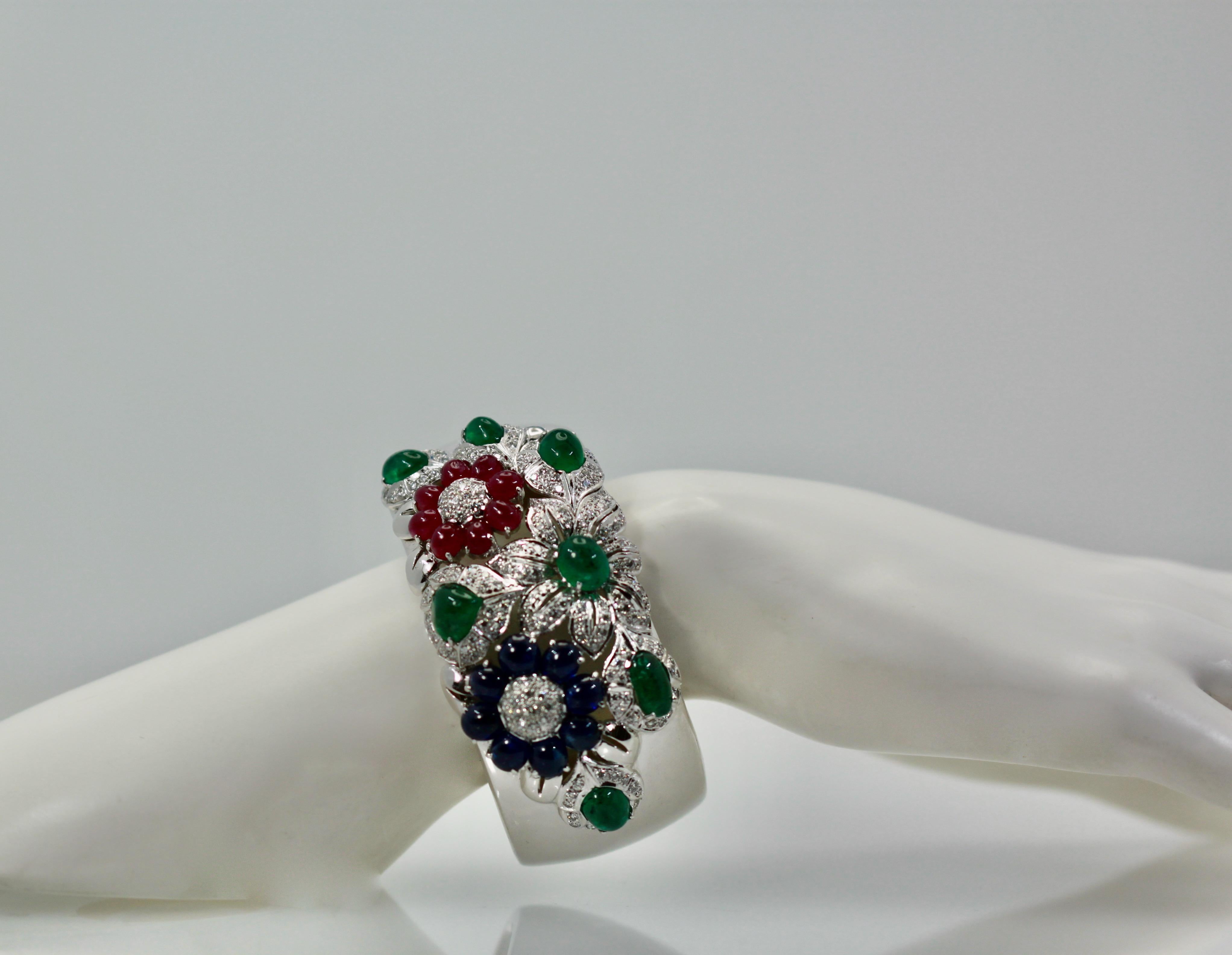 Large Wide Cuff Bracelet 17 Carat Rubies, Emeralds, Sapphires, Diamonds 18 Karat 1