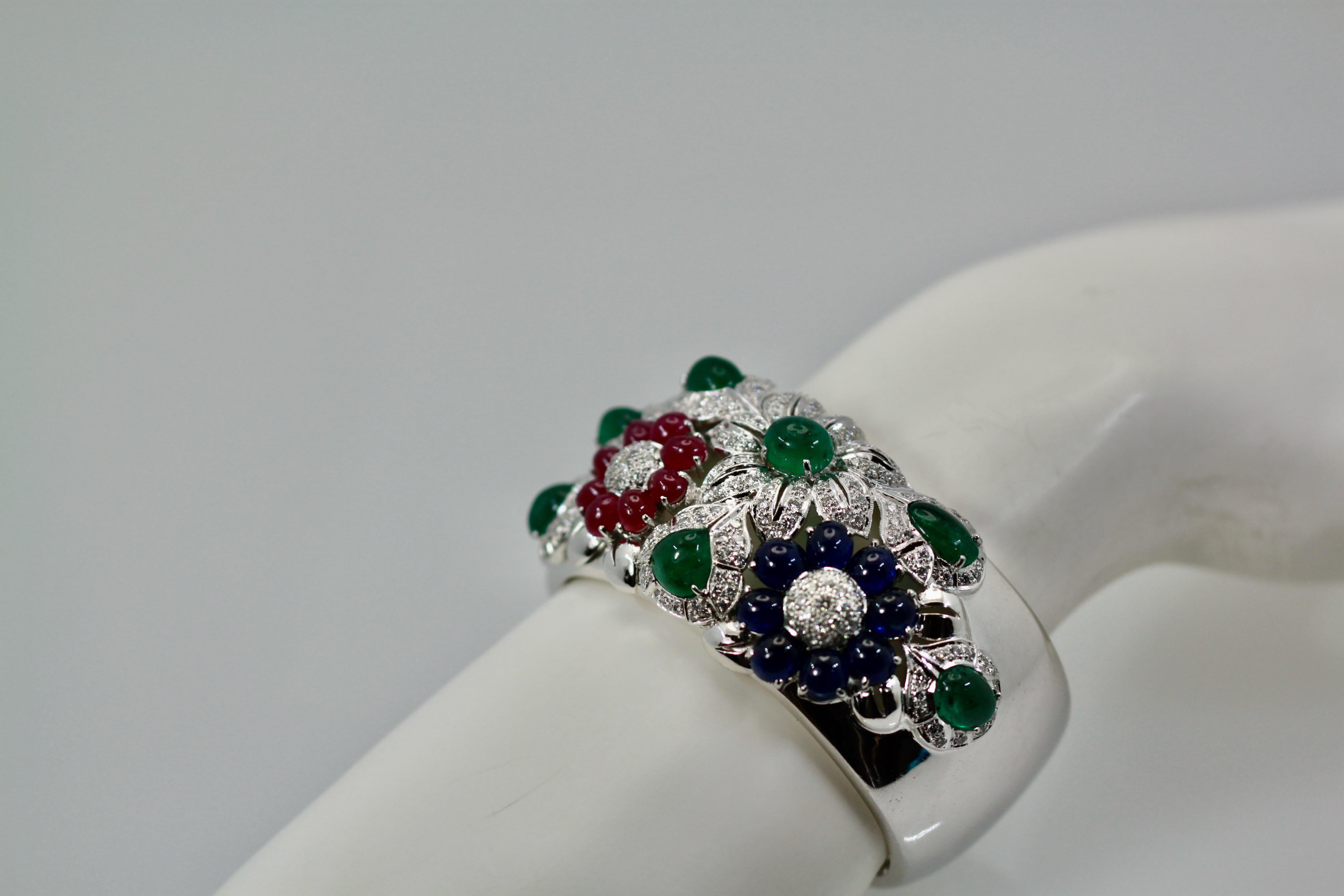 Large Wide Cuff Bracelet 17 Carat Rubies, Emeralds, Sapphires, Diamonds 18 Karat 2