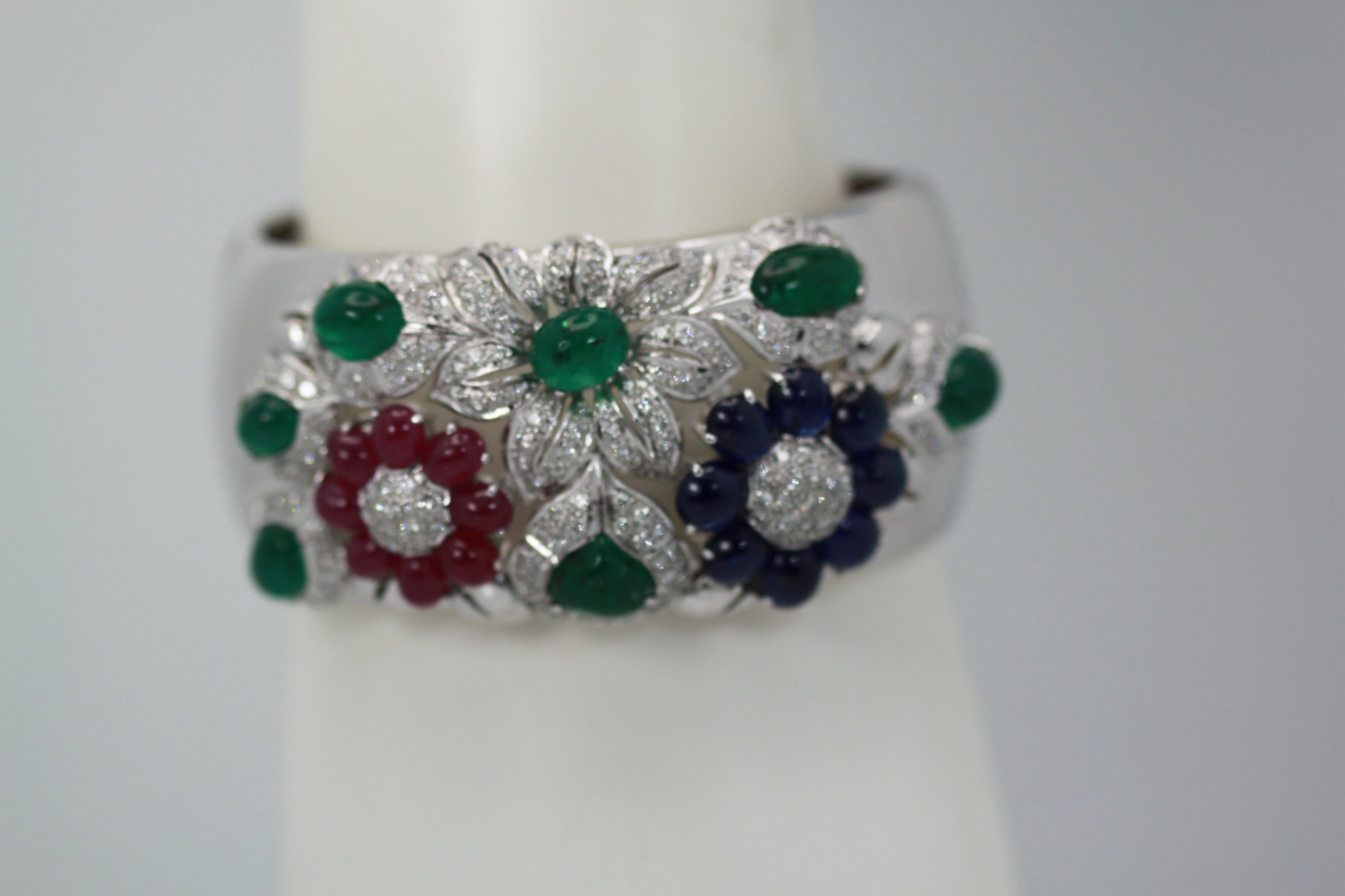 Large Wide Cuff Bracelet 17 Carat Rubies, Emeralds, Sapphires, Diamonds 18 Karat 3