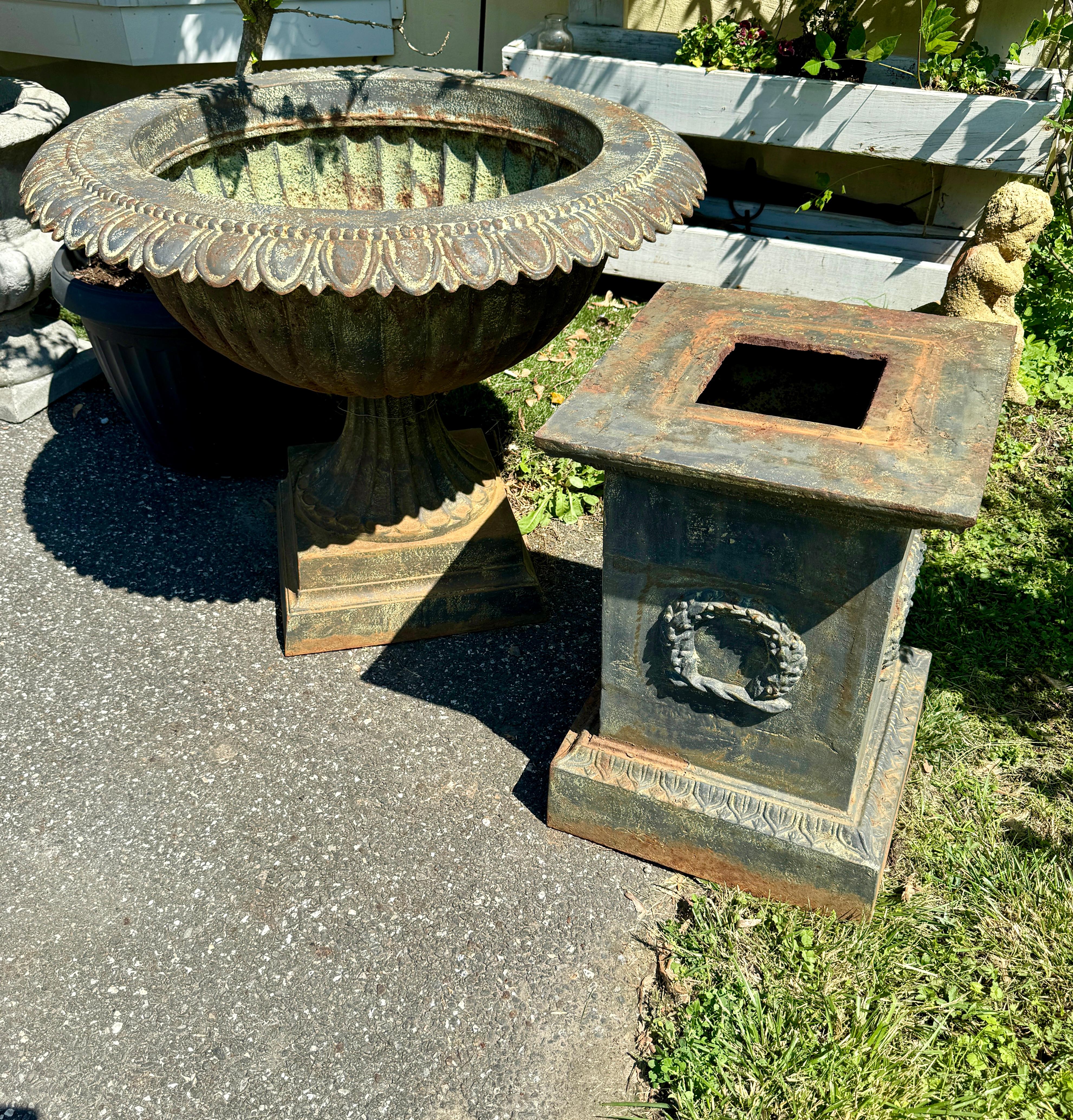 Unusual Large two piece Round Cast Iron Planter. This is a heavy and very large is size, so please see all listed image to gage the size, in particular the large base unit. This would be a charming addition for the garden or any interior patio as