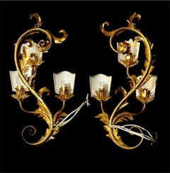 Large Wide Italian Gilt Florentine Att Bianci Wall Lamp PAIR, Italie 1970s