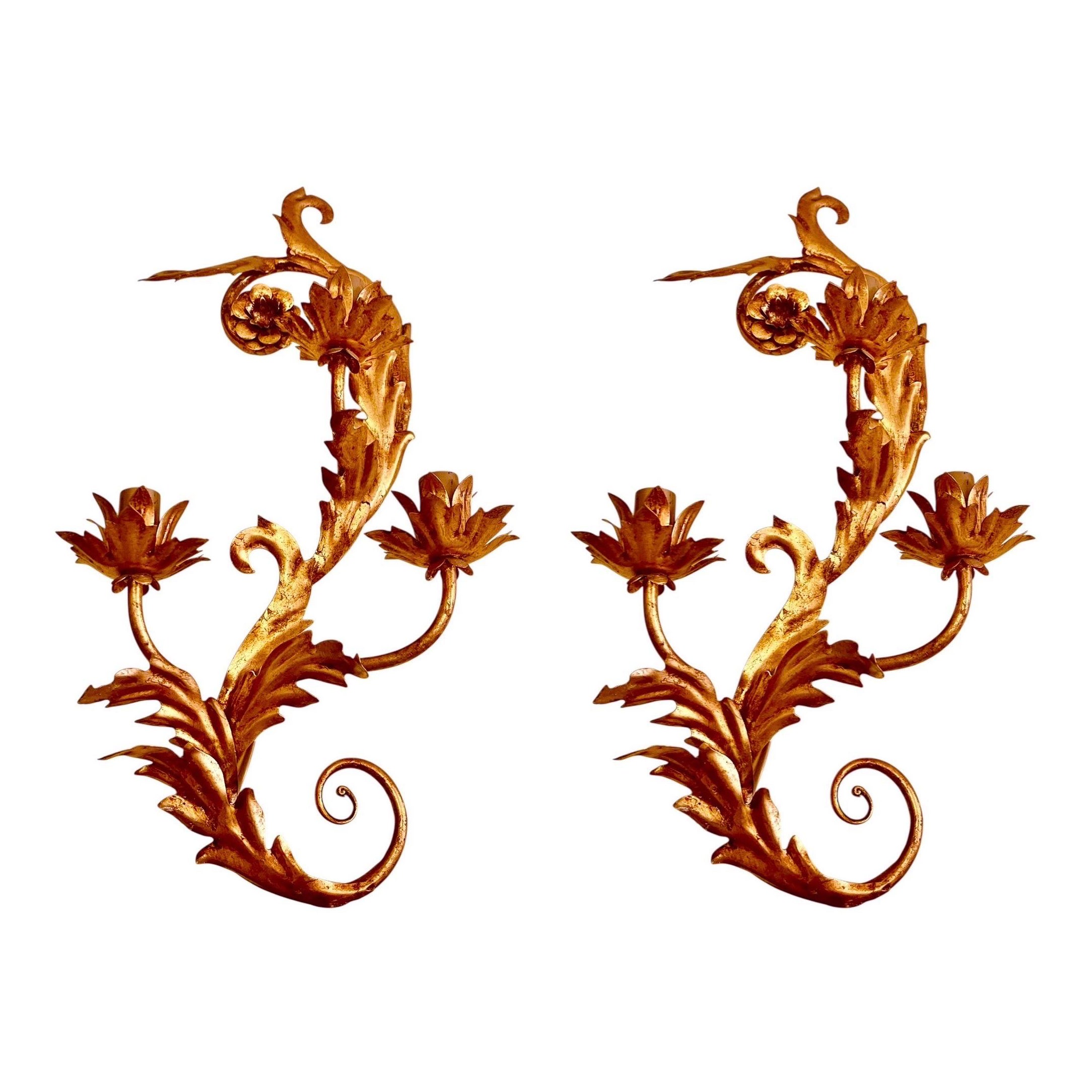 Large lampe murale italienne en vermeil Florentine Att Bianci PAIRE, Italie 1970s en vente