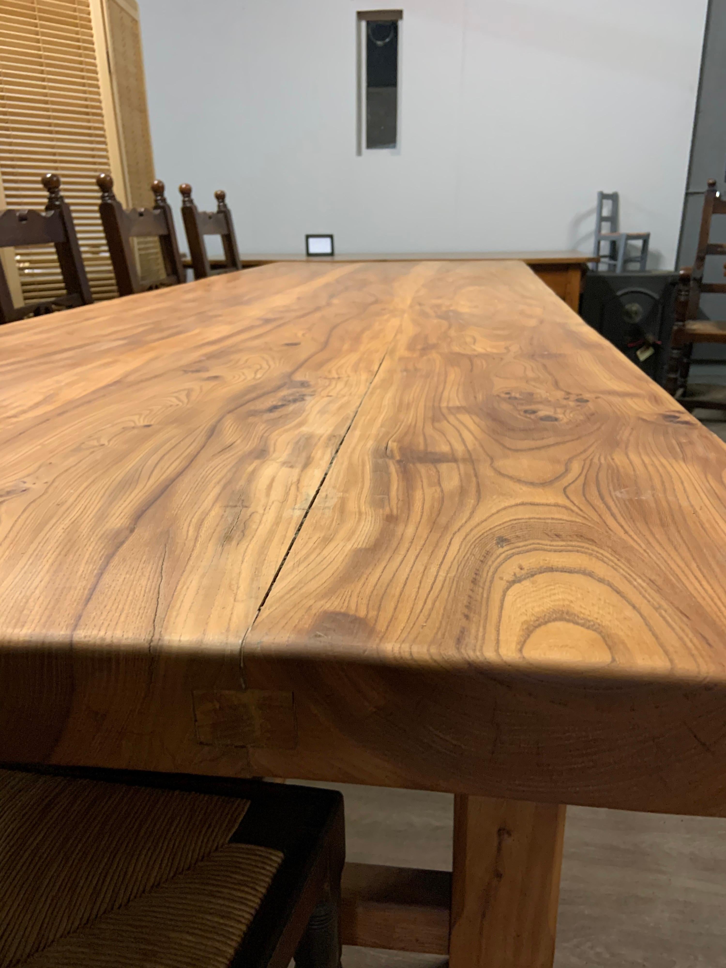 French Large Wide Pale Elm Farmhouse Table