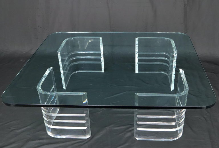 Large Wide Rectangle Rounded Corners Thick Glass Coffee Table For Sale