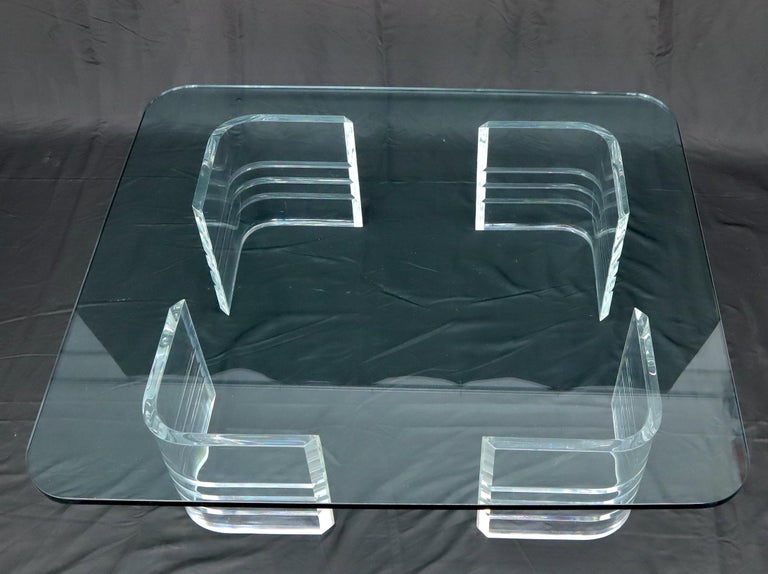 Large Wide Rectangle Rounded Corners Thick Glass Coffee Table For Sale