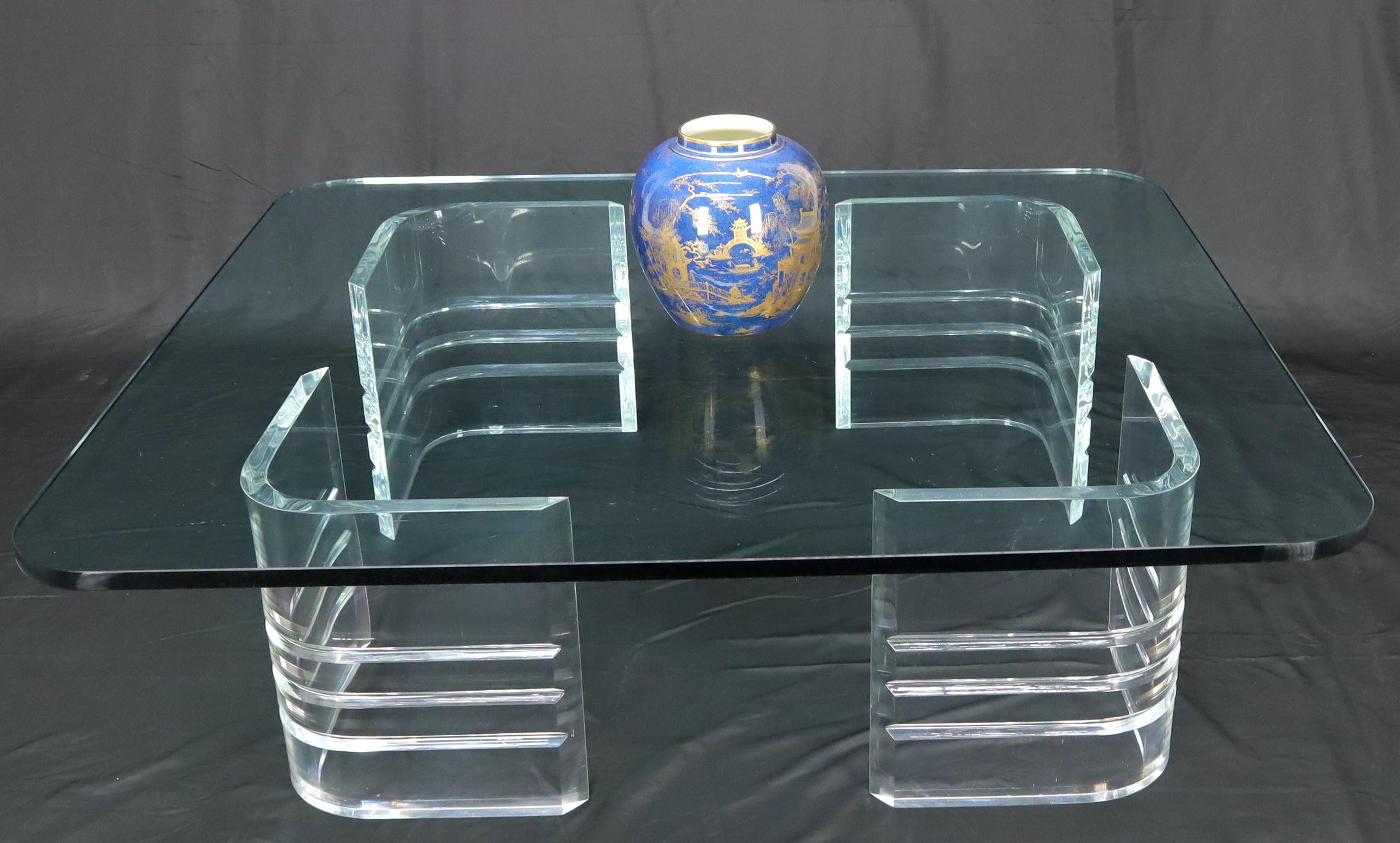 Mid-Century Modern Large Wide Rectangle Rounded Corners Thick Glass Coffee Table For Sale