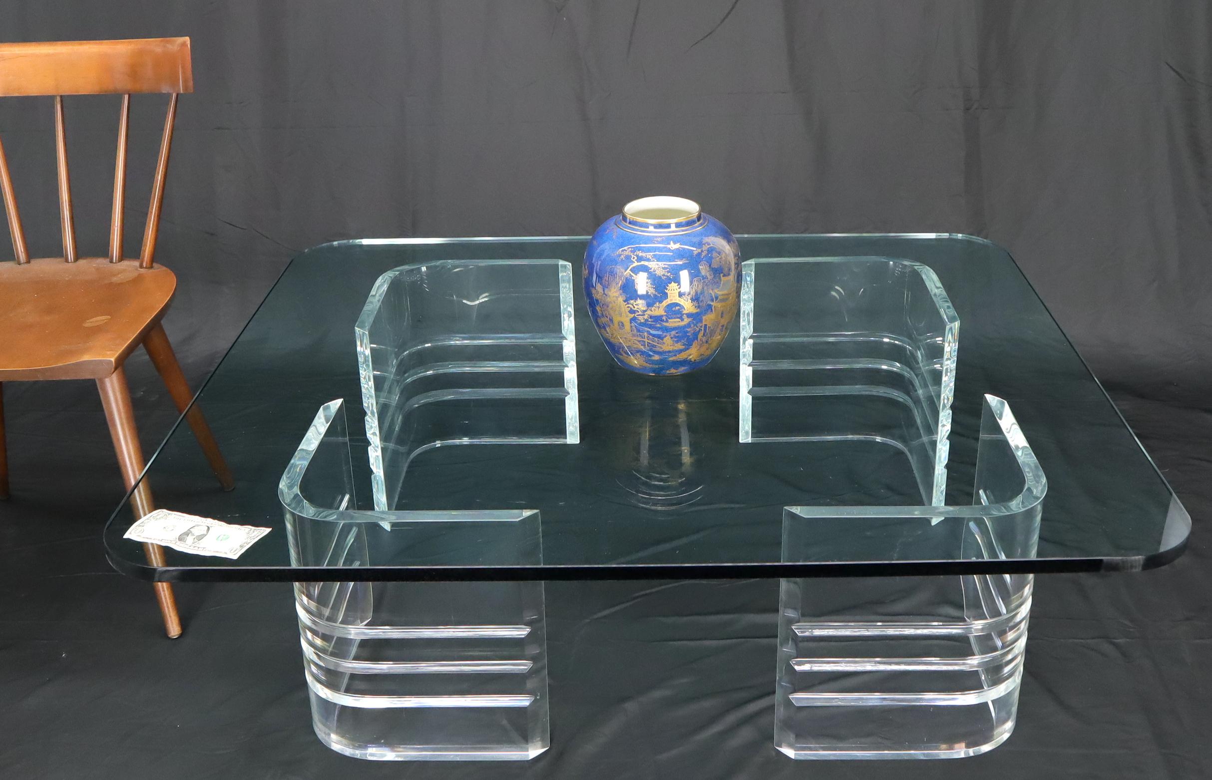 20th Century Large Wide Rectangle Rounded Corners Thick Glass Coffee Table For Sale