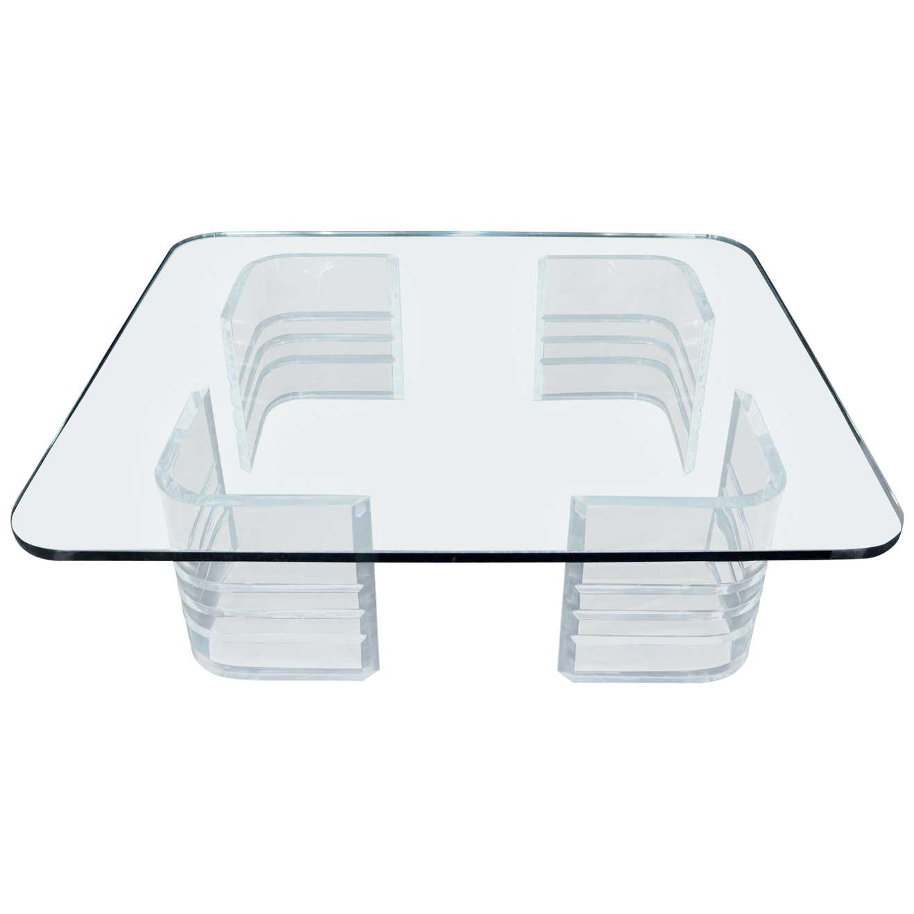 Large Wide Rectangle Rounded Corners Thick Glass Coffee Table For Sale ...