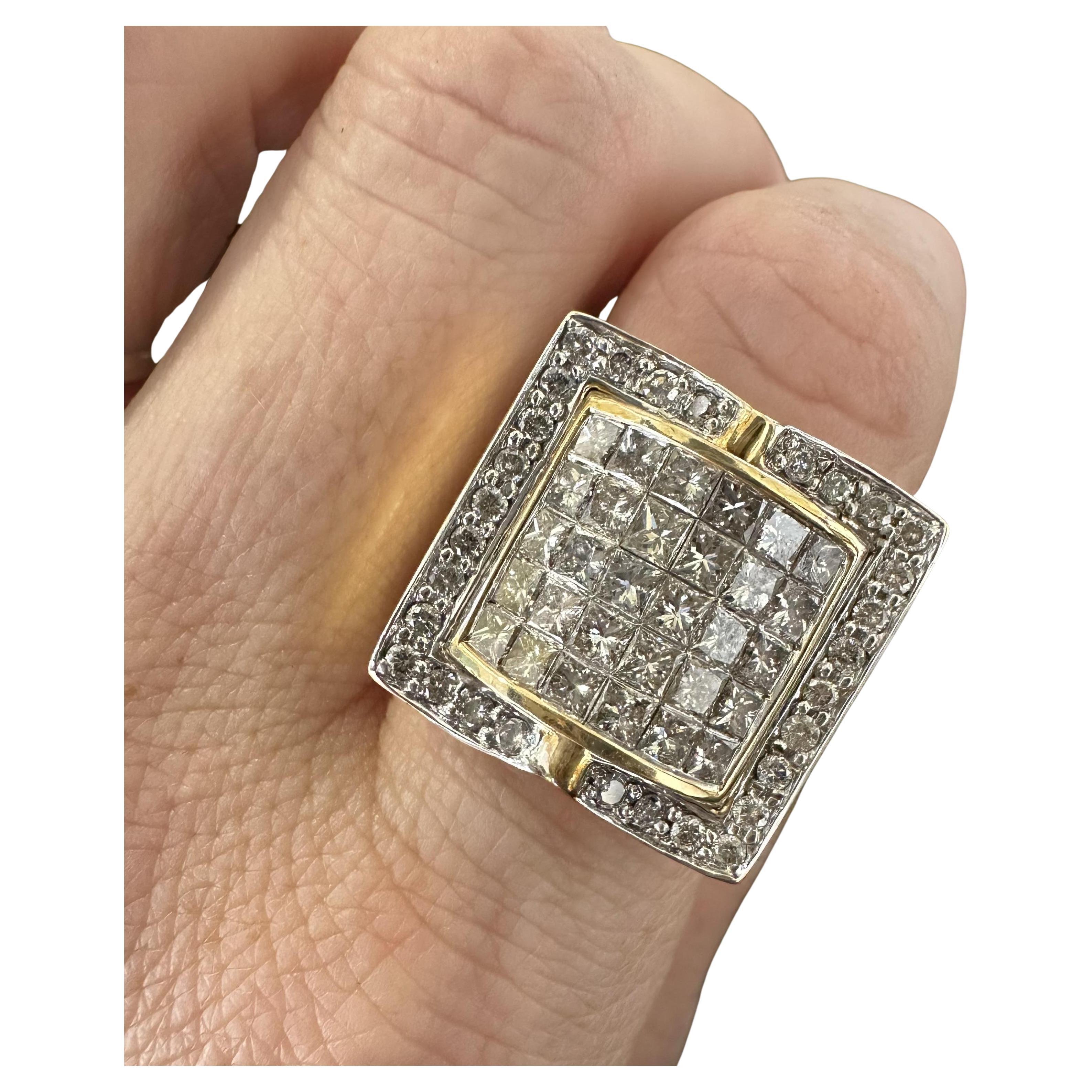 Large Wide Square Princess Cut Diamond Ring in Yellow Gold For Sale