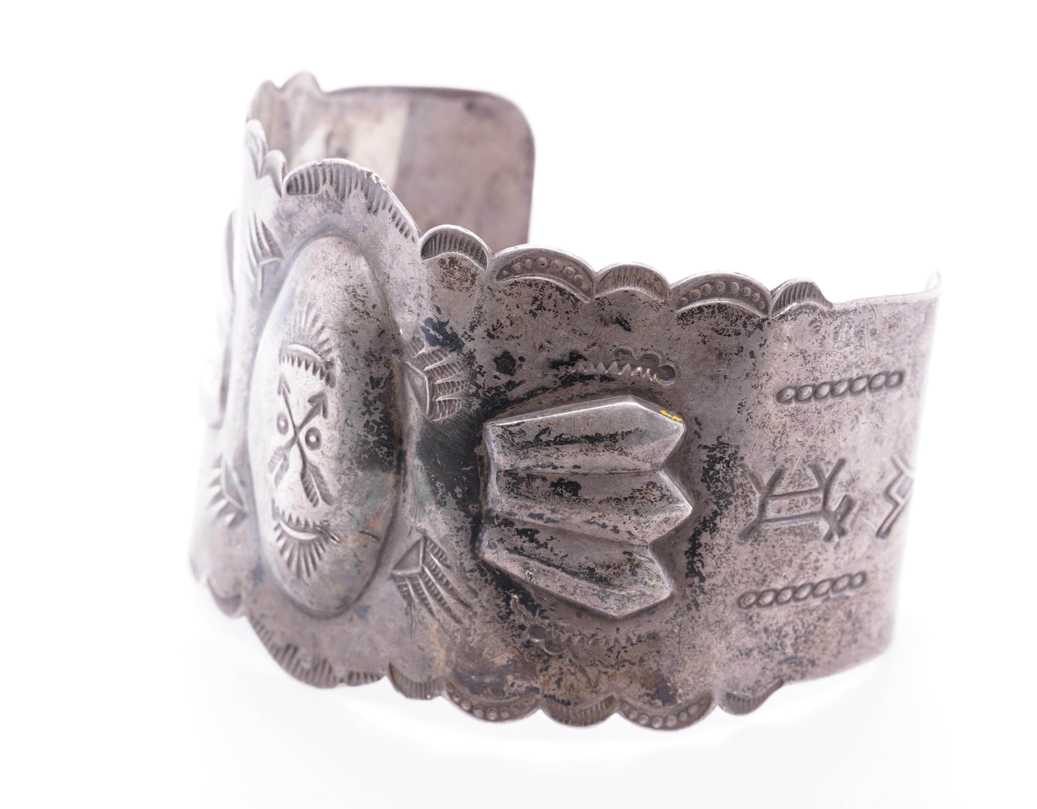 Women's or Men's Large Wide Vintage 1930 Native American Retro Cuff Bracelet Stamped Solid Silver