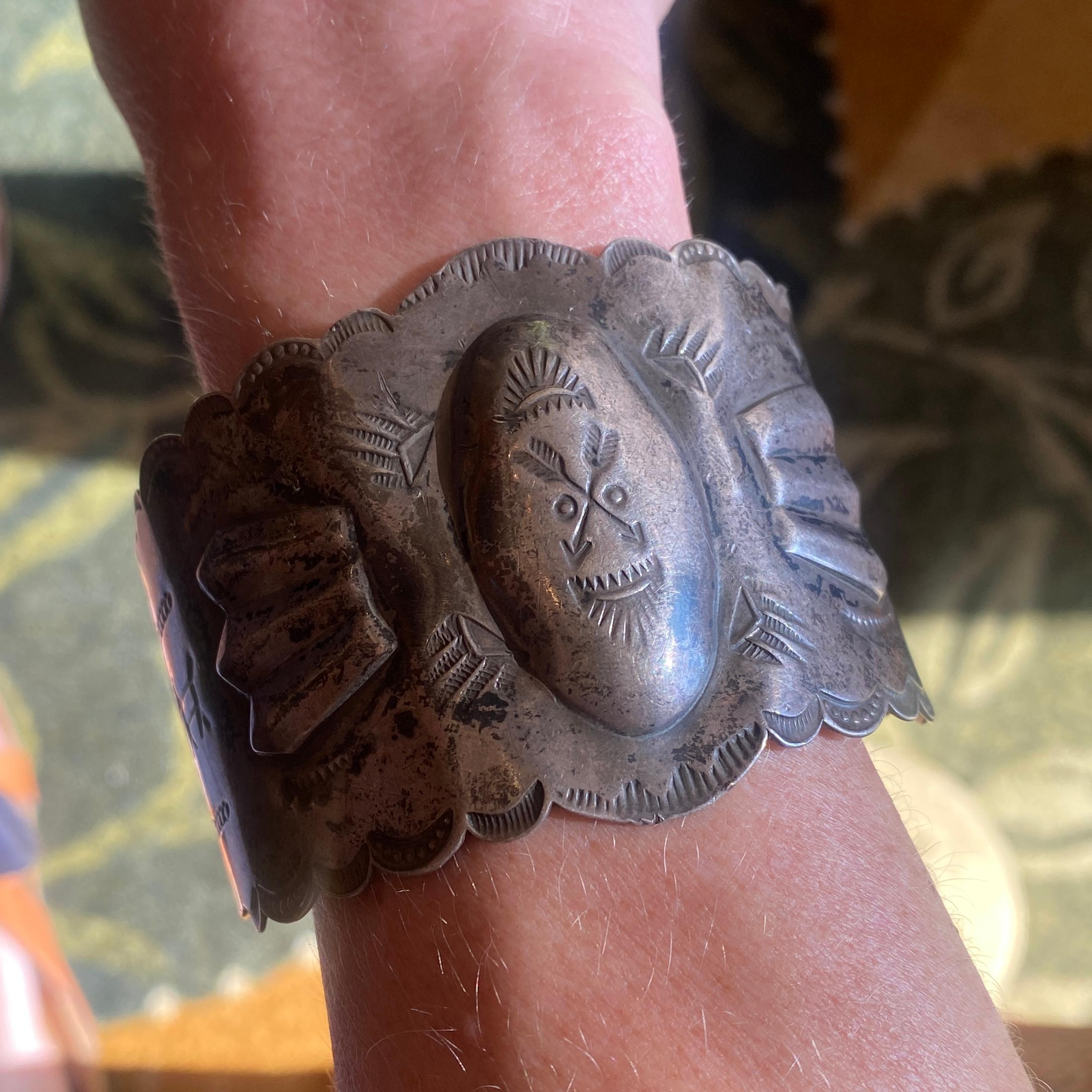 Large Wide Vintage 1930 Native American Retro Cuff Bracelet Stamped Solid Silver In Good Condition In Bozeman, MT