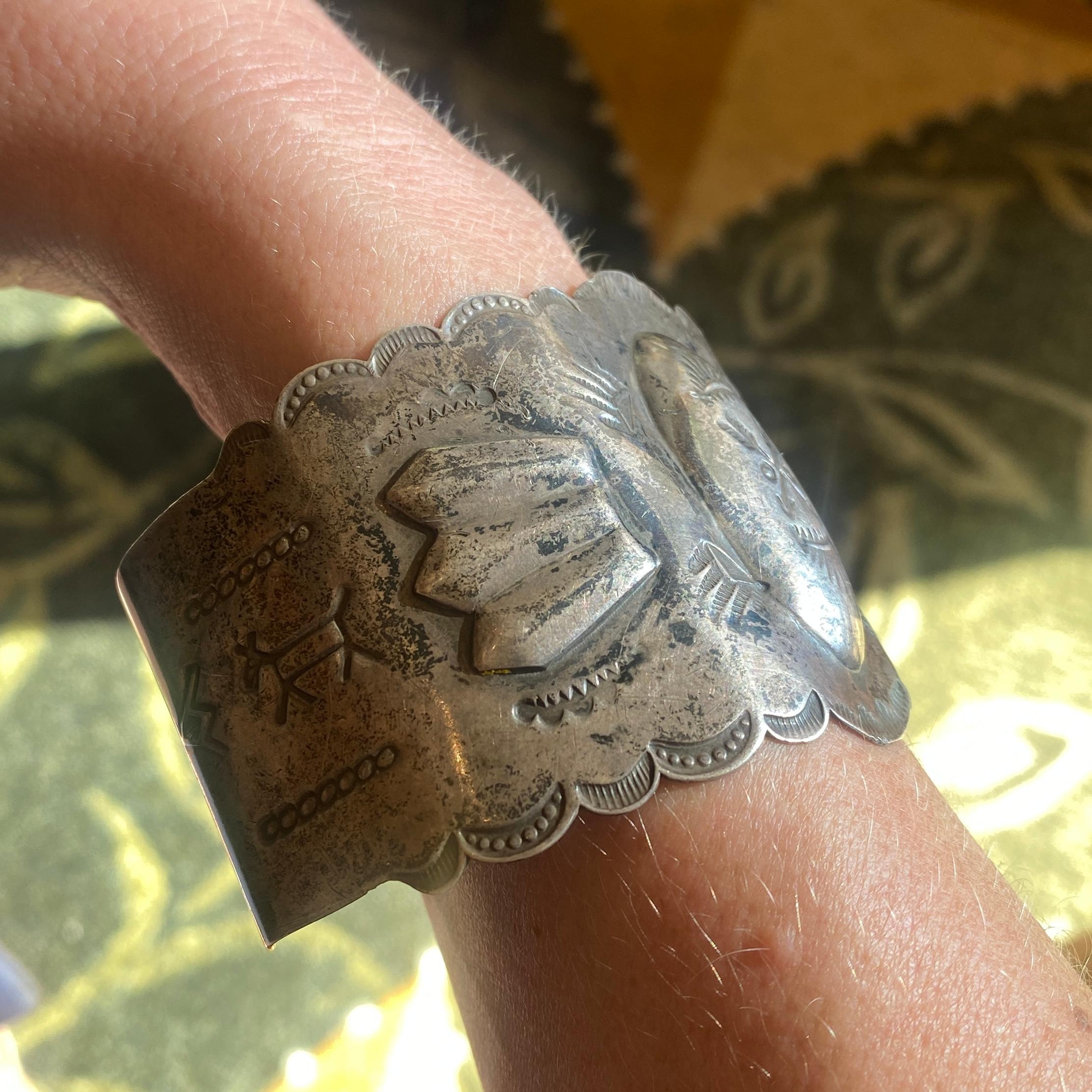 Large Wide Vintage 1930 Native American Retro Cuff Bracelet Stamped Solid Silver 3