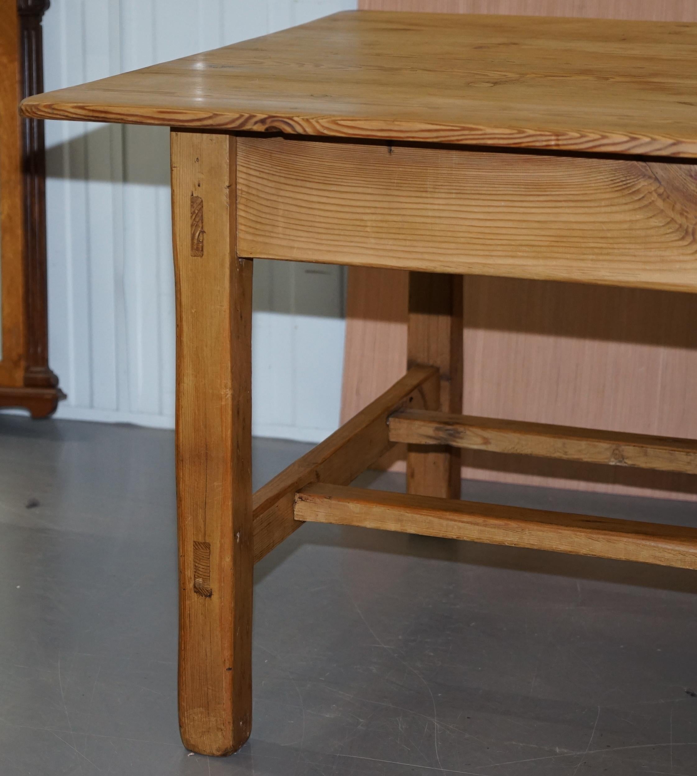 Large Wide Vintage Farmhouse Refectory Dining Table with Twin Stretchers in Pine 2