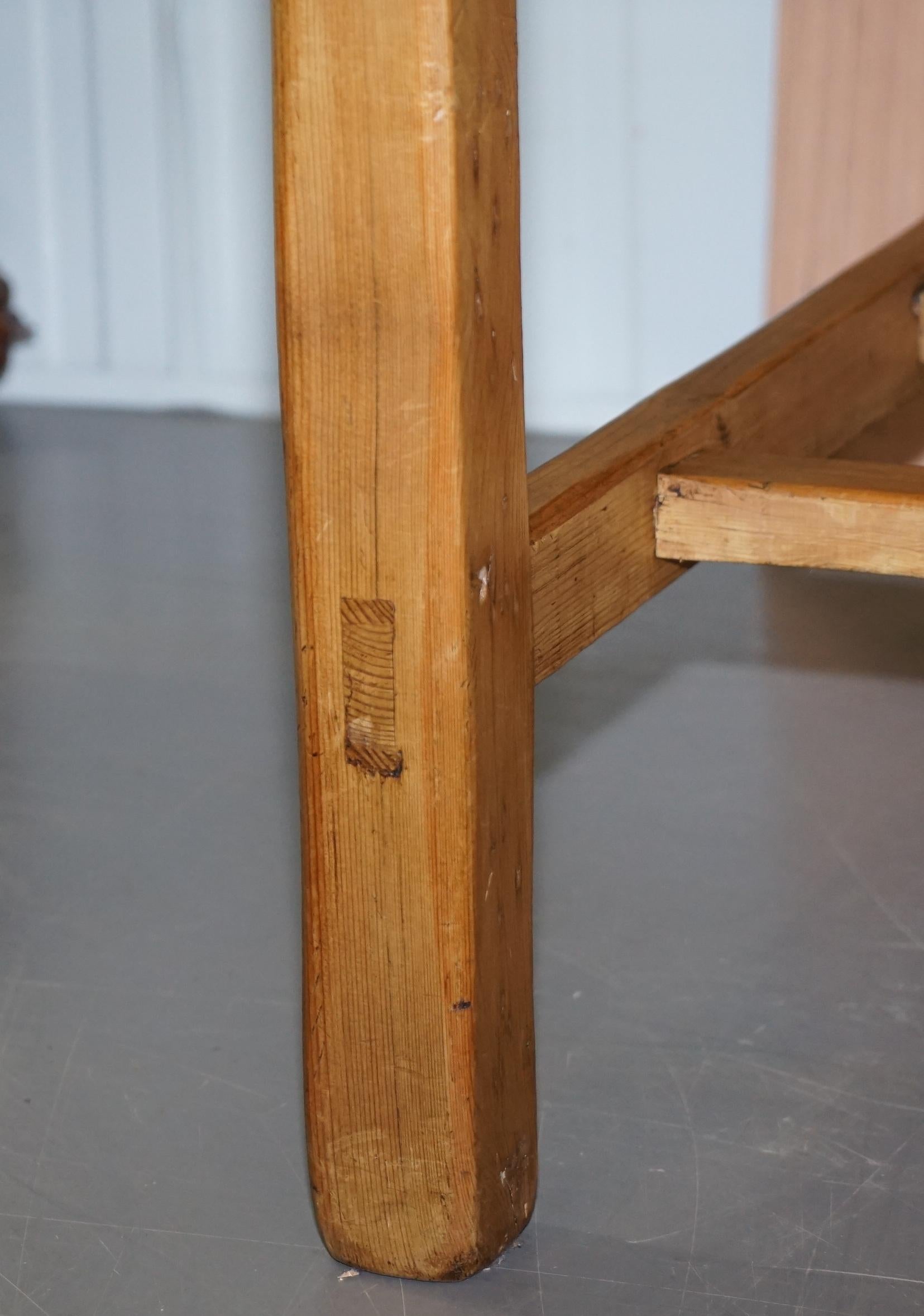 Large Wide Vintage Farmhouse Refectory Dining Table with Twin Stretchers in Pine 4
