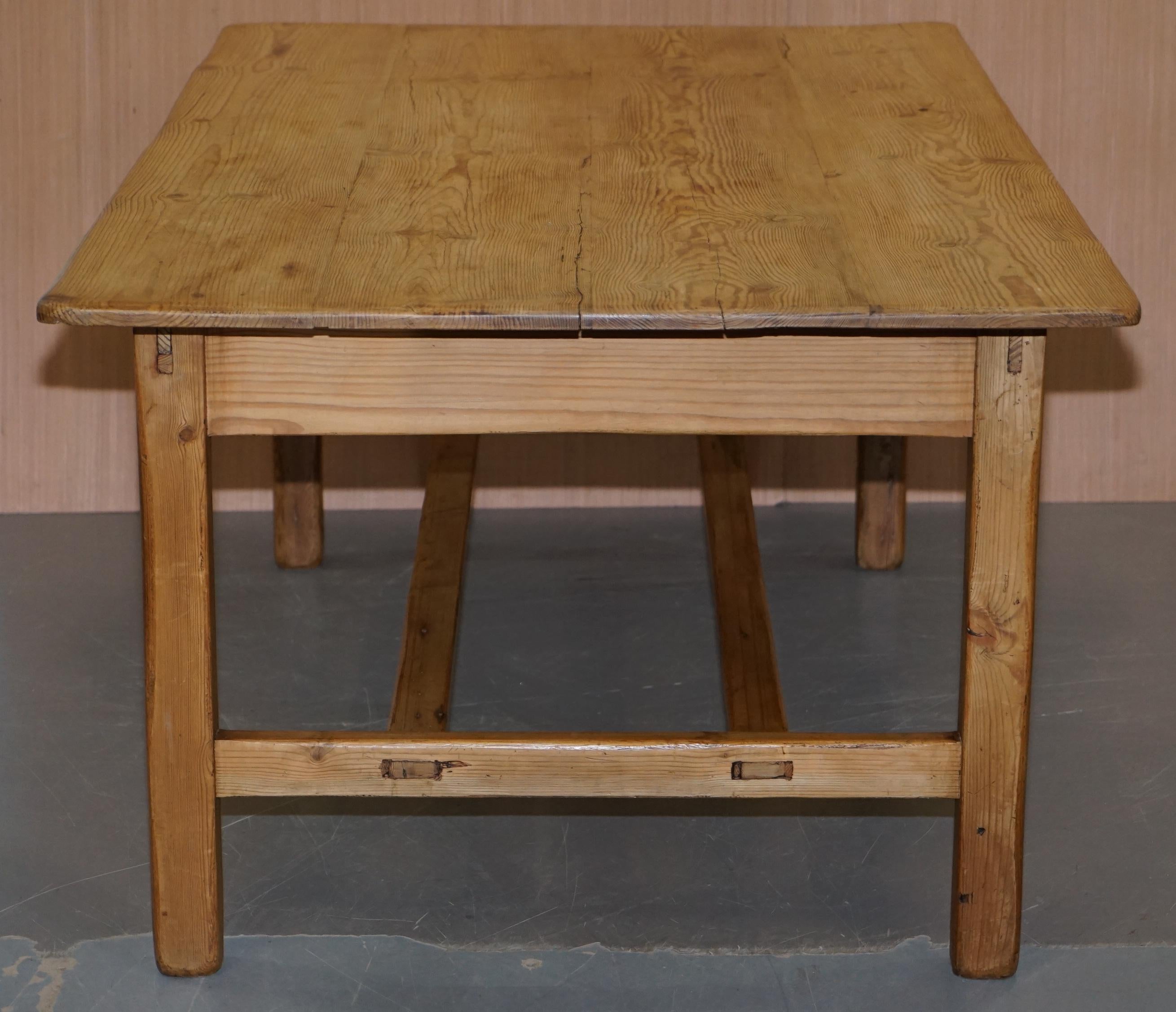 Large Wide Vintage Farmhouse Refectory Dining Table with Twin Stretchers in Pine 5