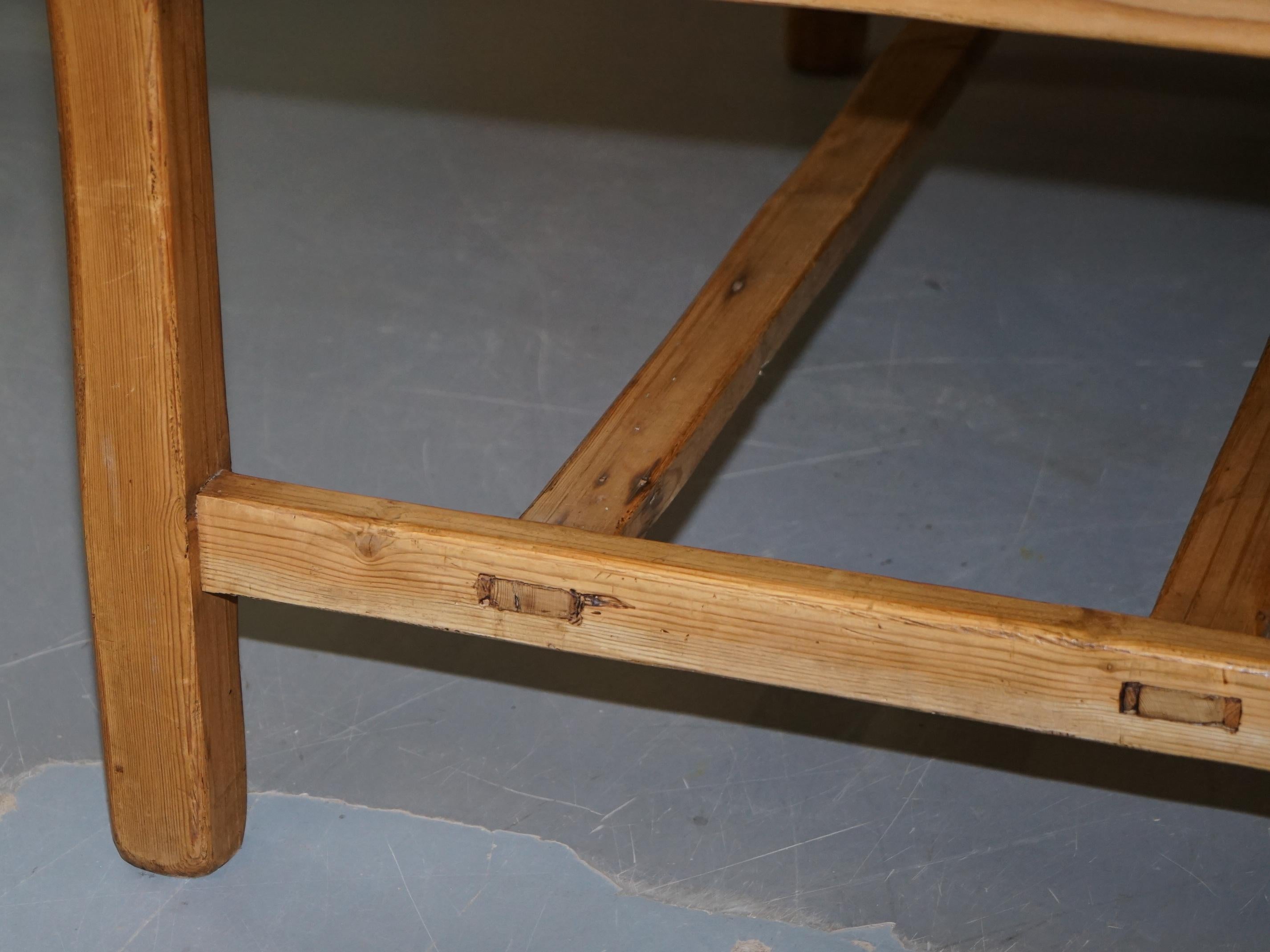 Large Wide Vintage Farmhouse Refectory Dining Table with Twin Stretchers in Pine 6
