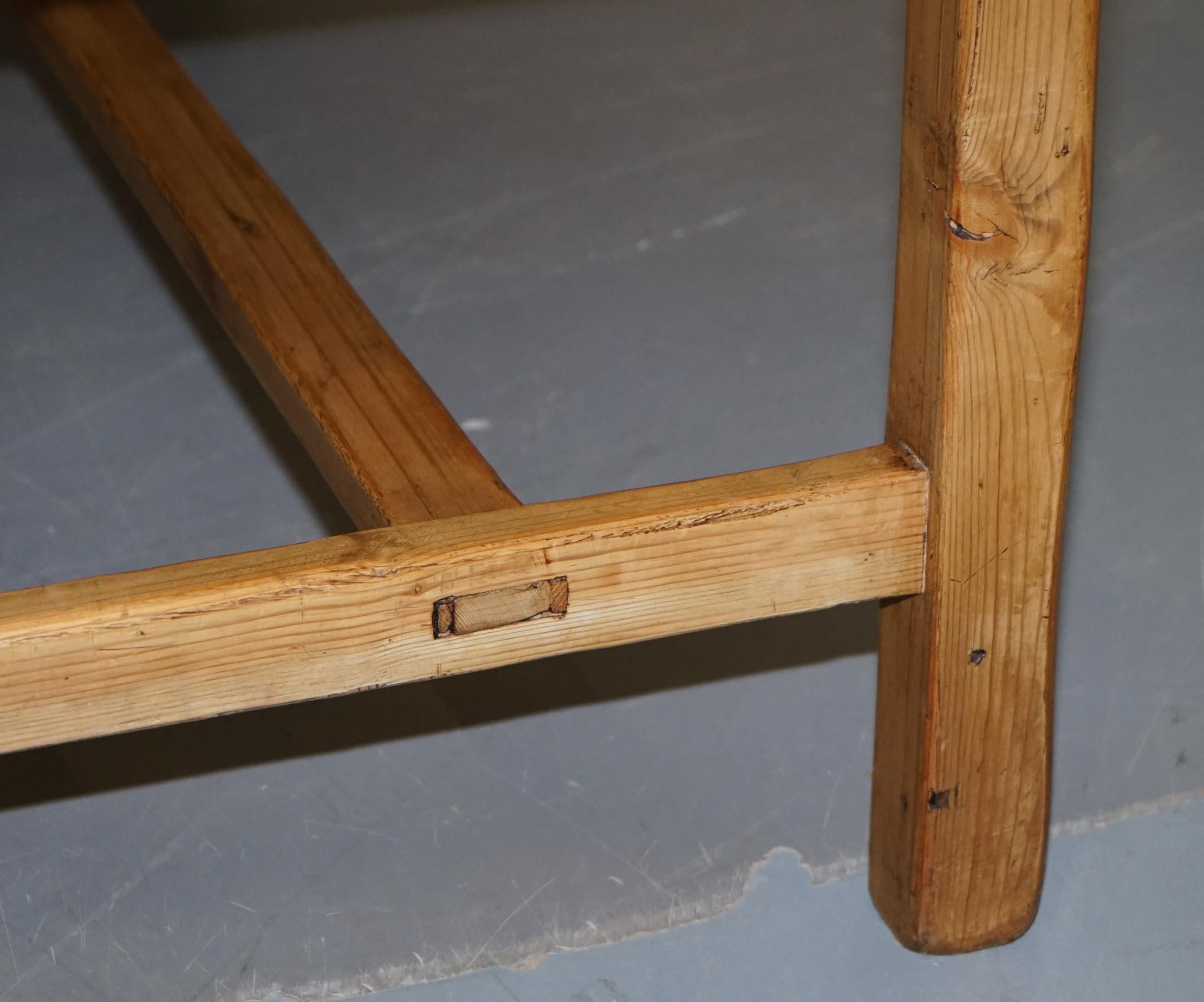 Large Wide Vintage Farmhouse Refectory Dining Table with Twin Stretchers in Pine 7