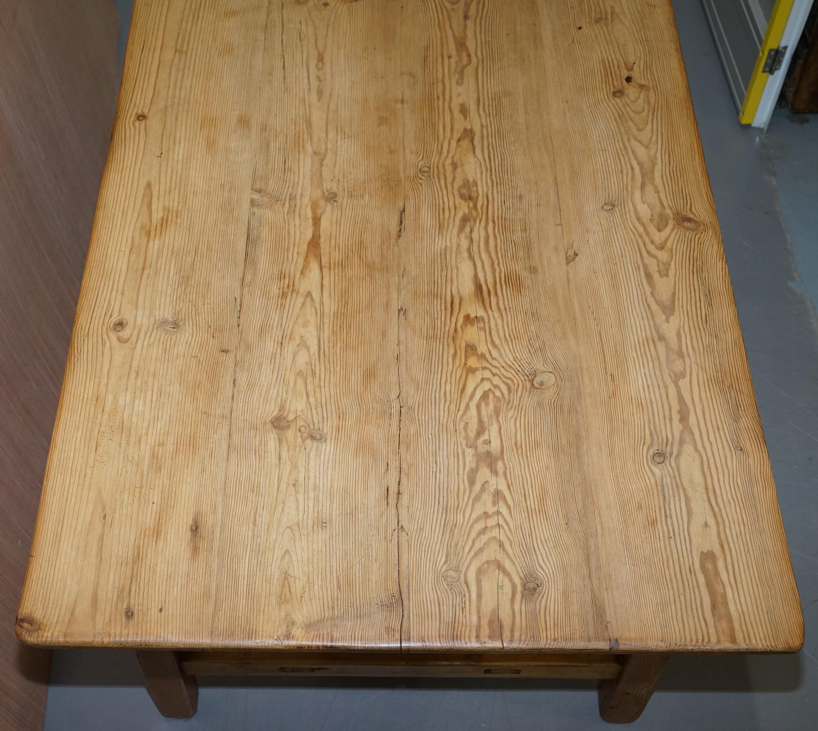 English Large Wide Vintage Farmhouse Refectory Dining Table with Twin Stretchers in Pine
