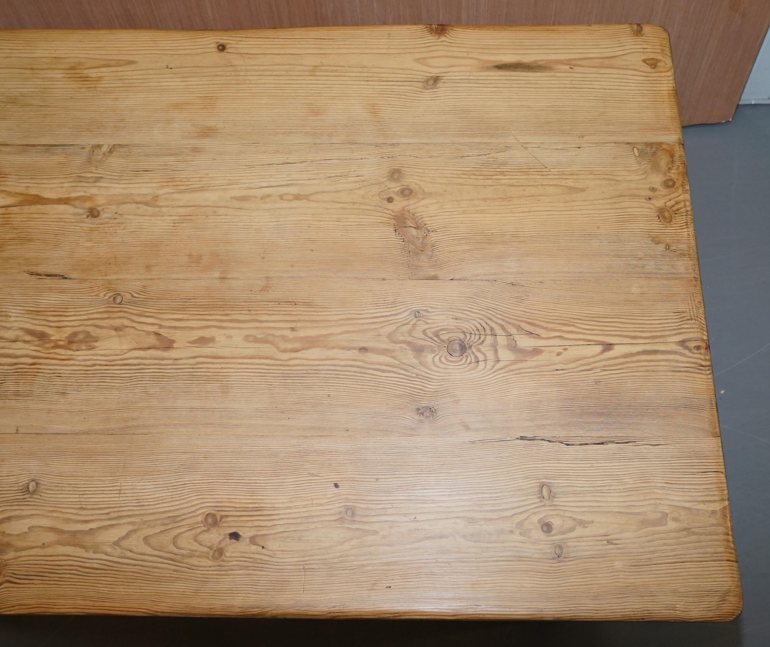 Large Wide Vintage Farmhouse Refectory Dining Table with Twin Stretchers in Pine 1