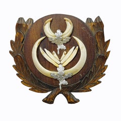 Large Wild Boar Teeth Trophy on Wooden Carved Plaque, Germany 1950s