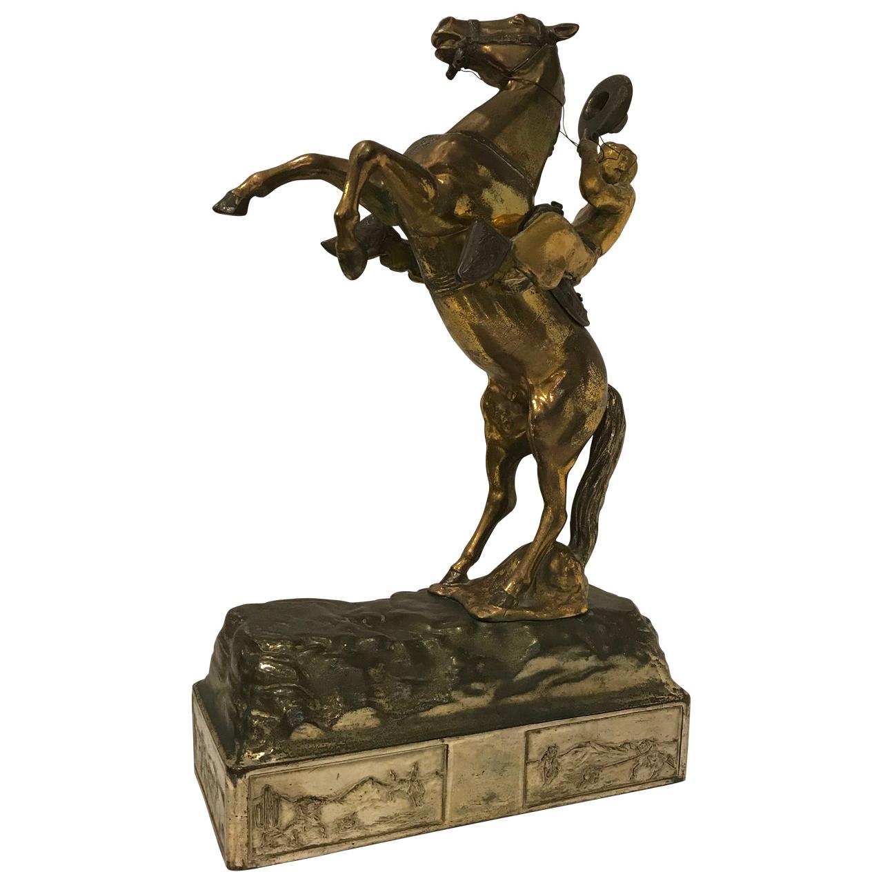 Grande sculpture de cow-boy et de cheval Wild West