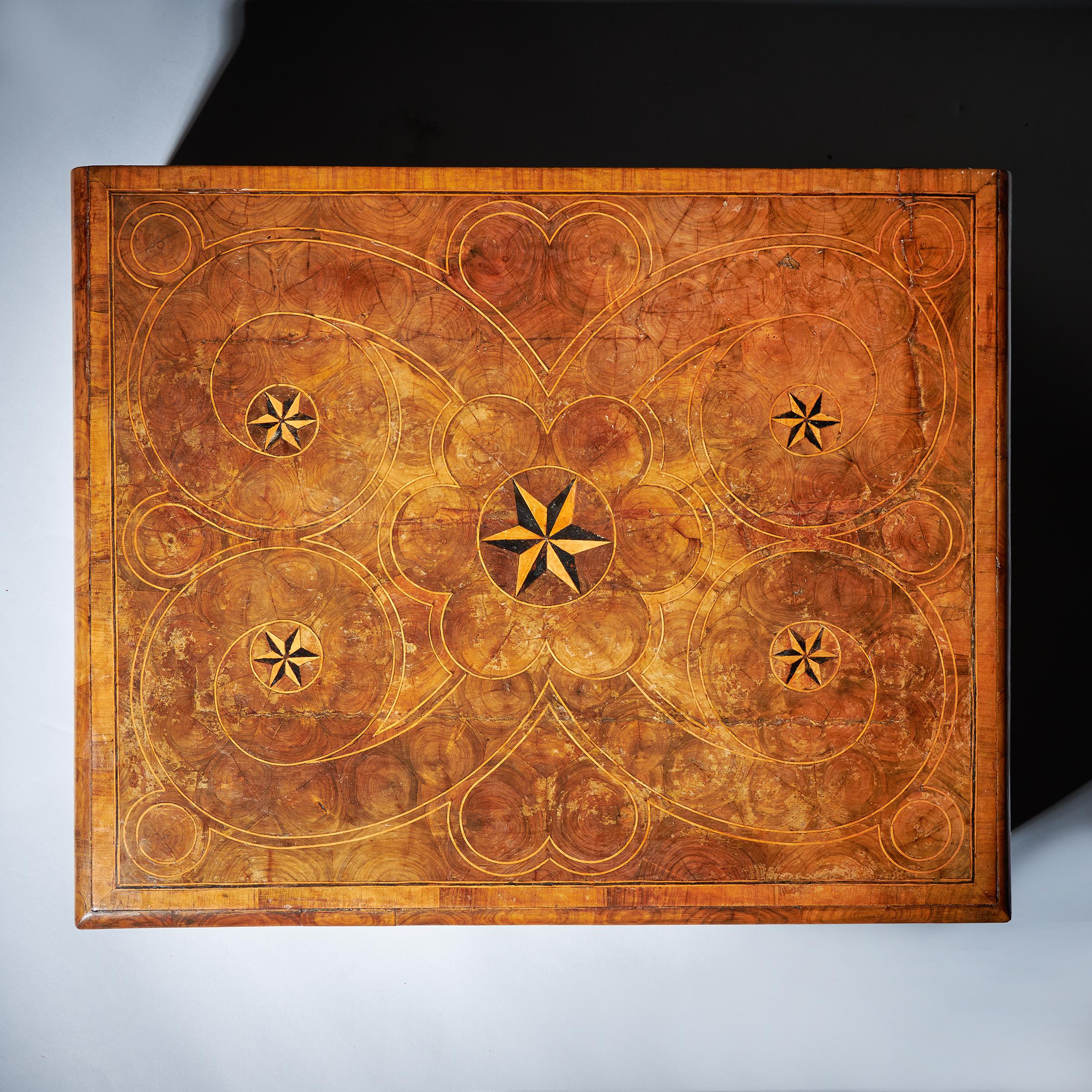 Oak Large William and Mary 17th Century Inlaid Olive Oyster Lace Box, Circa 1690 For Sale