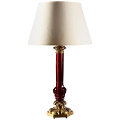 Antique Large William IV Red Glass Column Table Lamp with Gilt Bronze Mounts