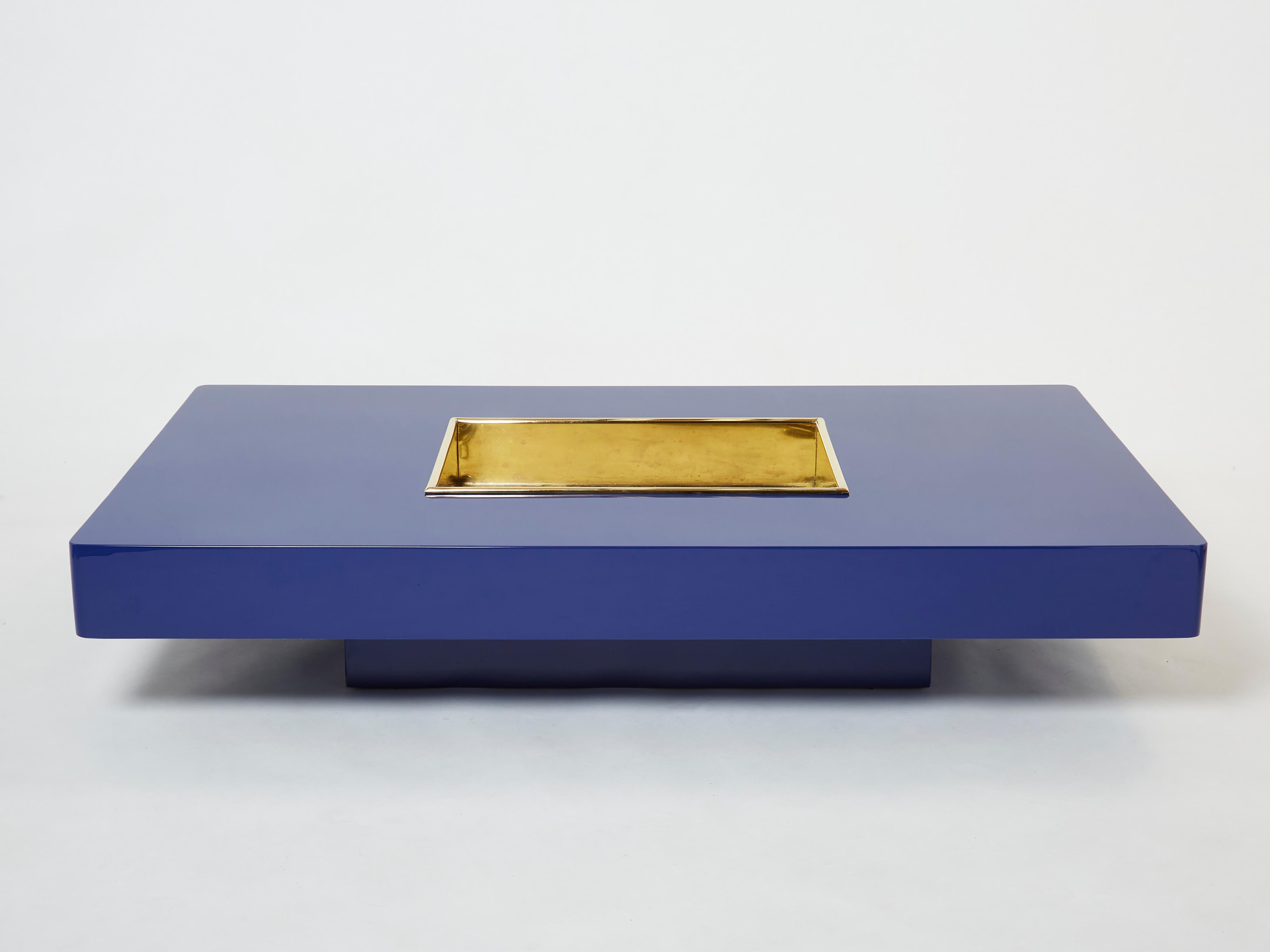 Mid-Century Modern Large Willy Rizzo Blue Lacquer and Brass Bar Coffee Table, 1970s