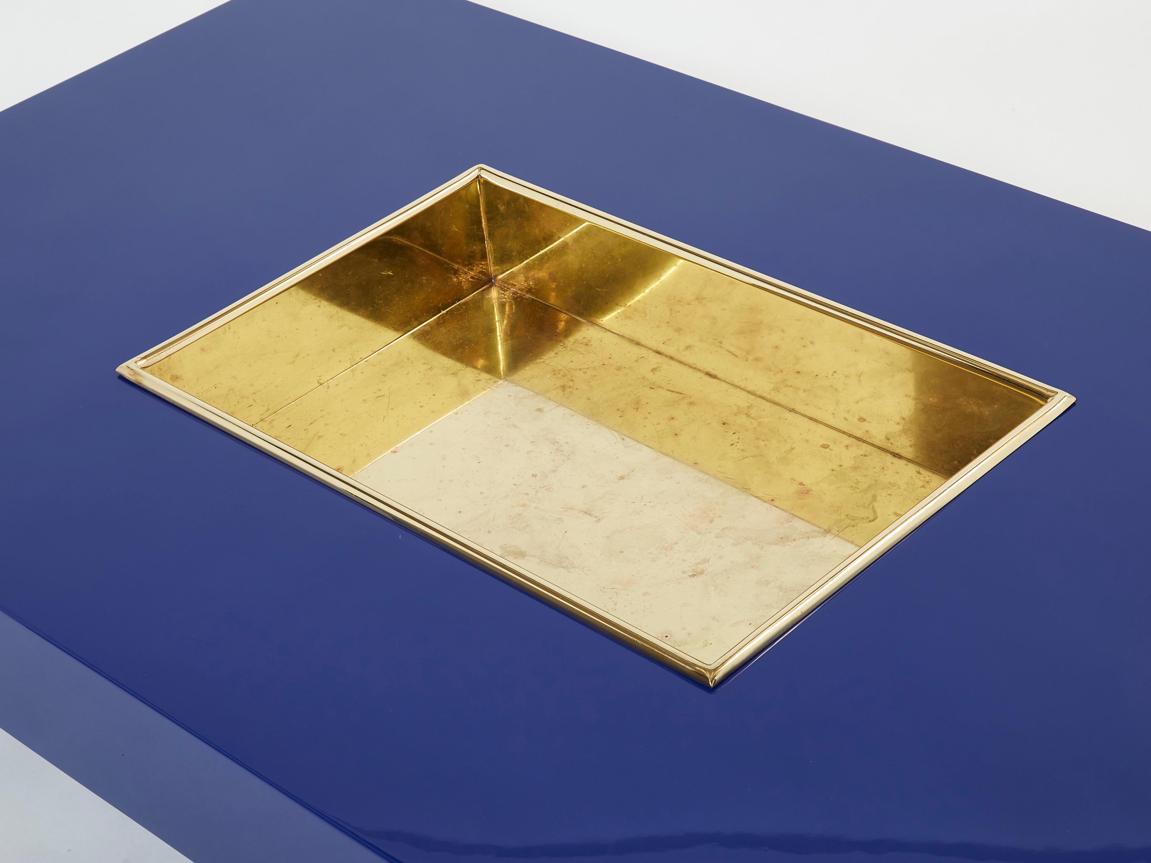Lacquered Large Willy Rizzo Blue Lacquer and Brass Bar Coffee Table, 1970s