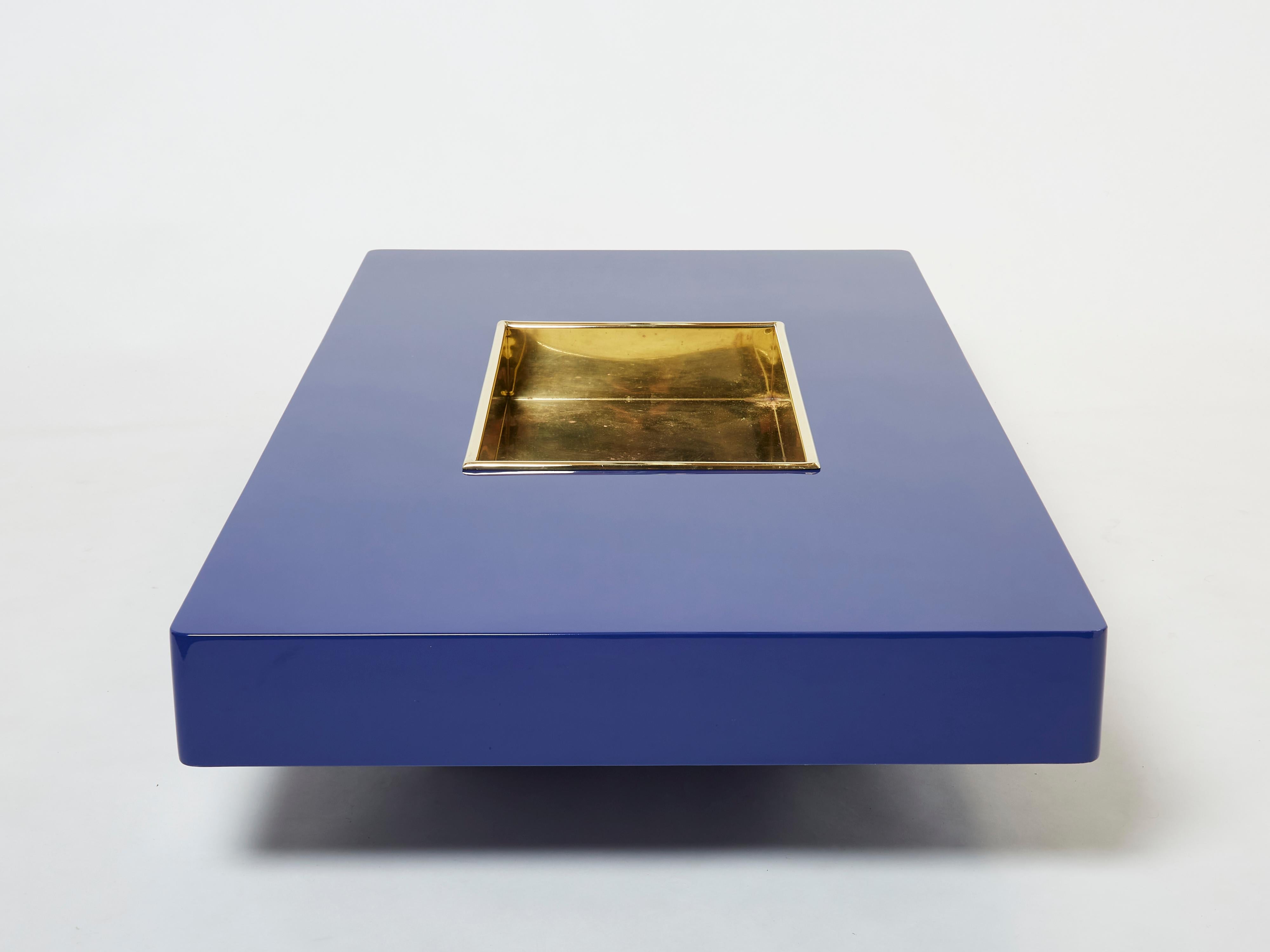 Late 20th Century Large Willy Rizzo Blue Lacquer and Brass Bar Coffee Table, 1970s