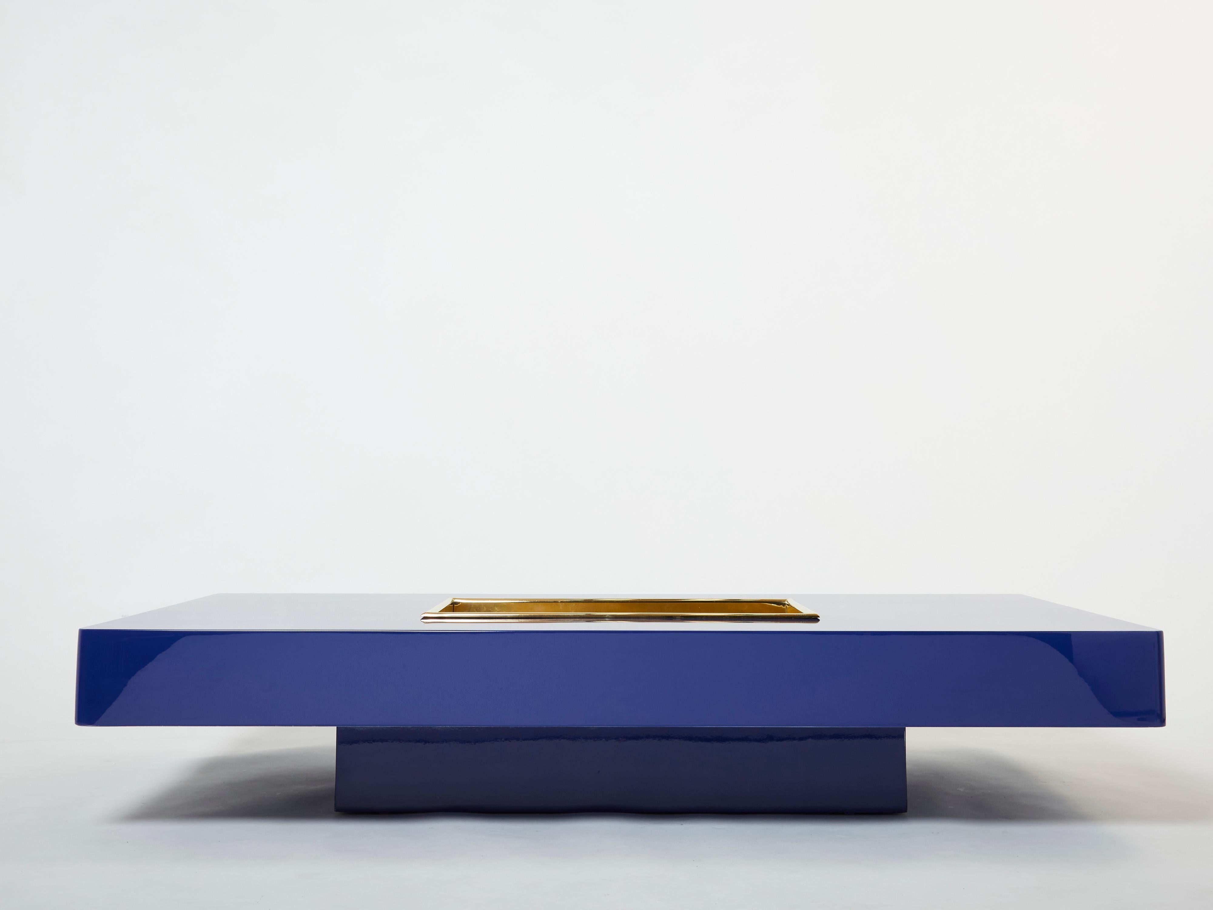 Large Willy Rizzo Blue Lacquer and Brass Bar Coffee Table, 1970s 1